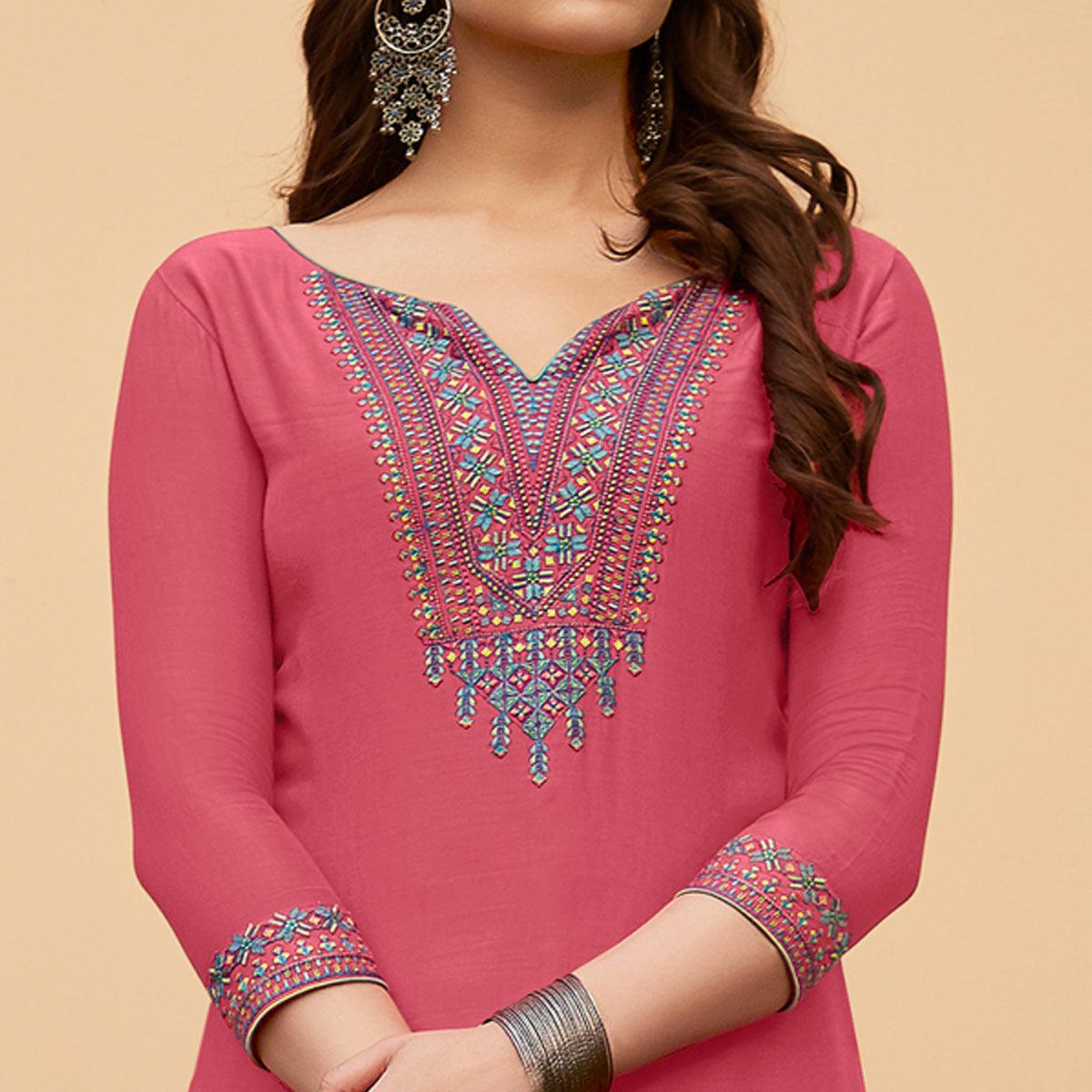 Dark Pink Casual Wear Embroidered Georgette Suit - Peachmode