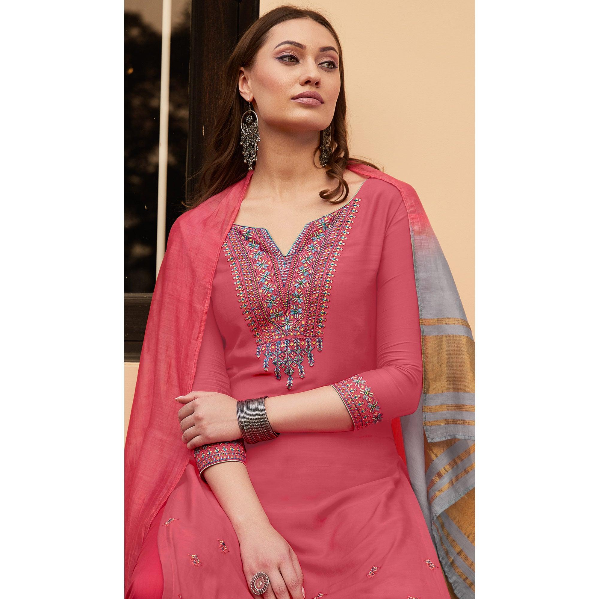 Dark Pink Casual Wear Embroidered Georgette Suit - Peachmode