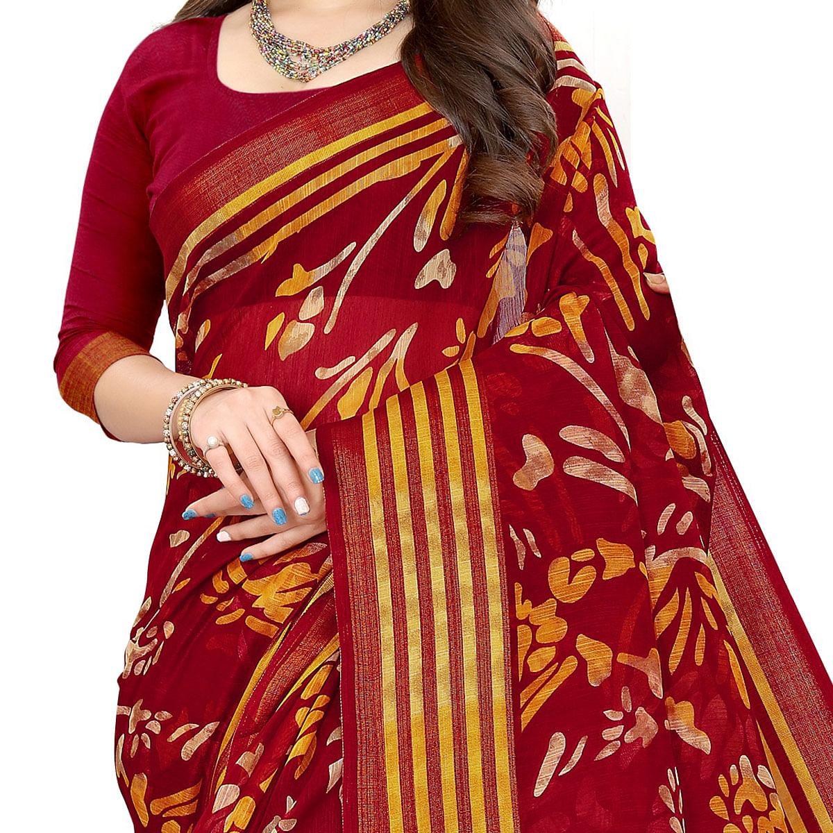 Dark Pink Casual Wear Floral Printed Cotton Linen Saree - Peachmode