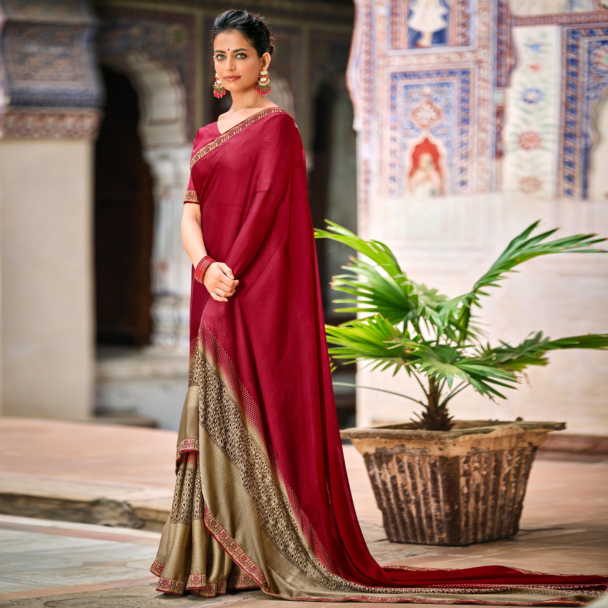 Dark Pink Casual Wear Printed Moss Saree With Fancy Zari Border - Peachmode