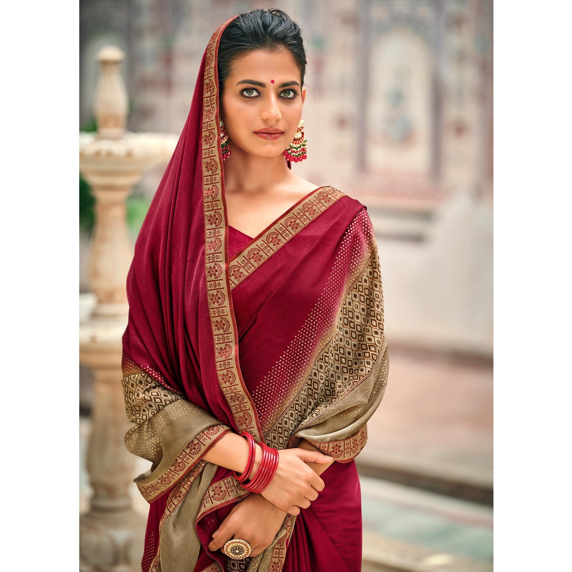Dark Pink Casual Wear Printed Moss Saree With Fancy Zari Border - Peachmode
