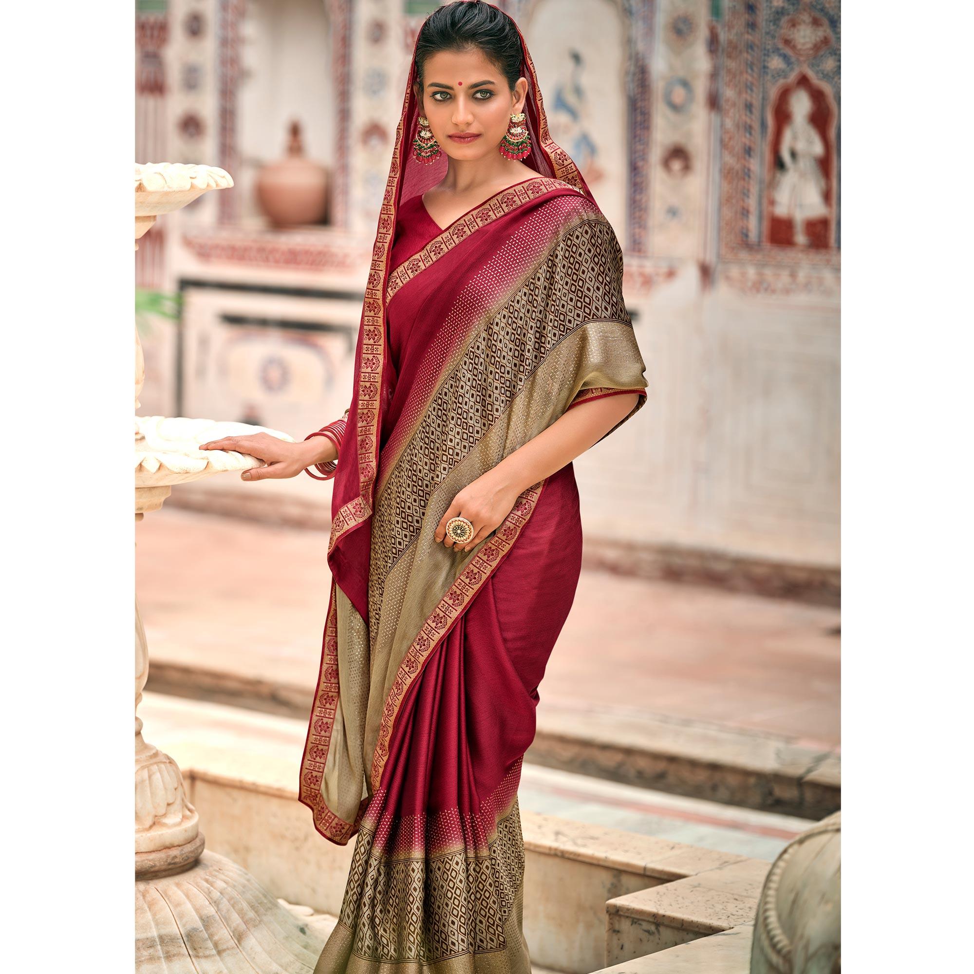 Dark Pink Casual Wear Printed Moss Saree With Fancy Zari Border - Peachmode