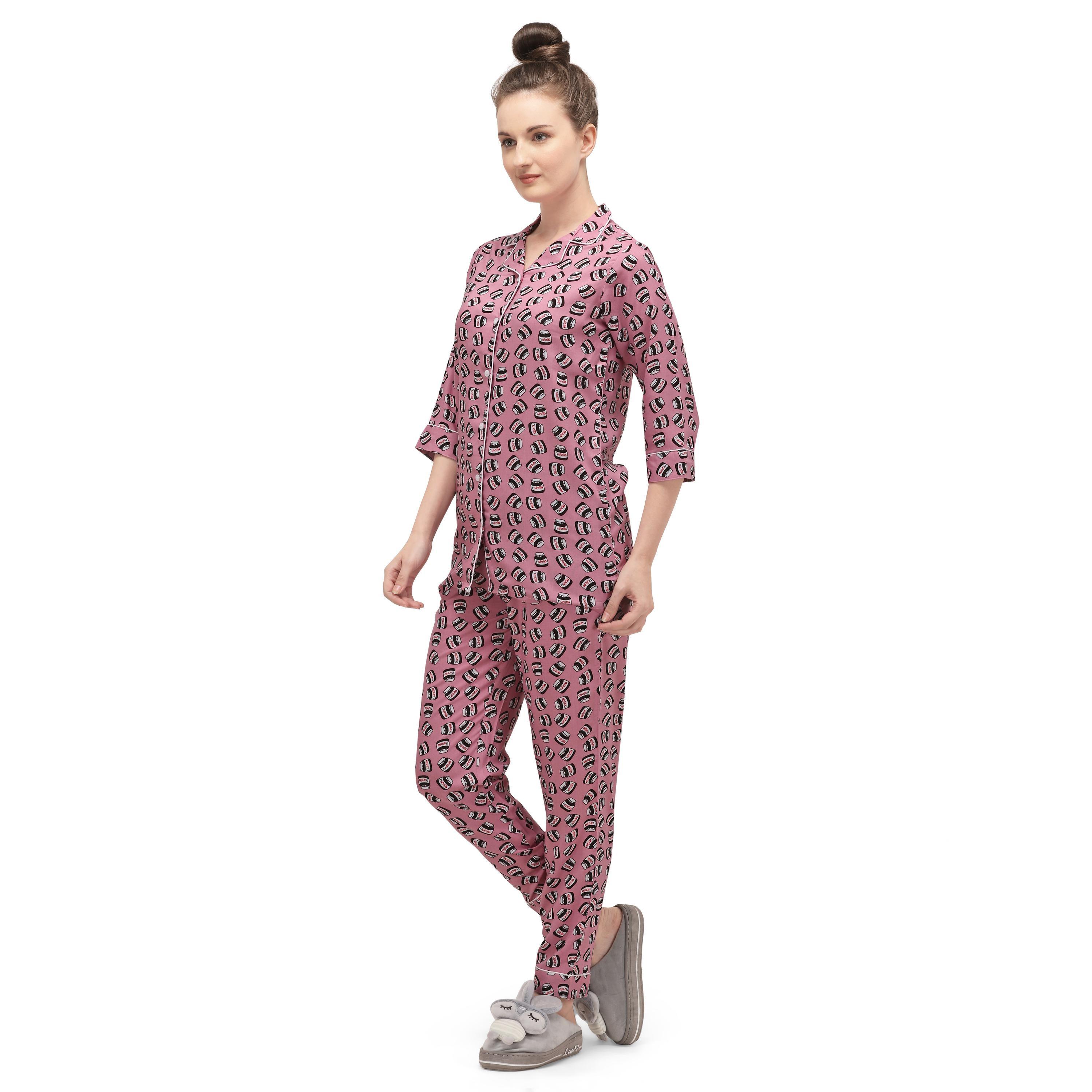 Dark pink Casual Wear Printed Rayon Night Suit - Peachmode
