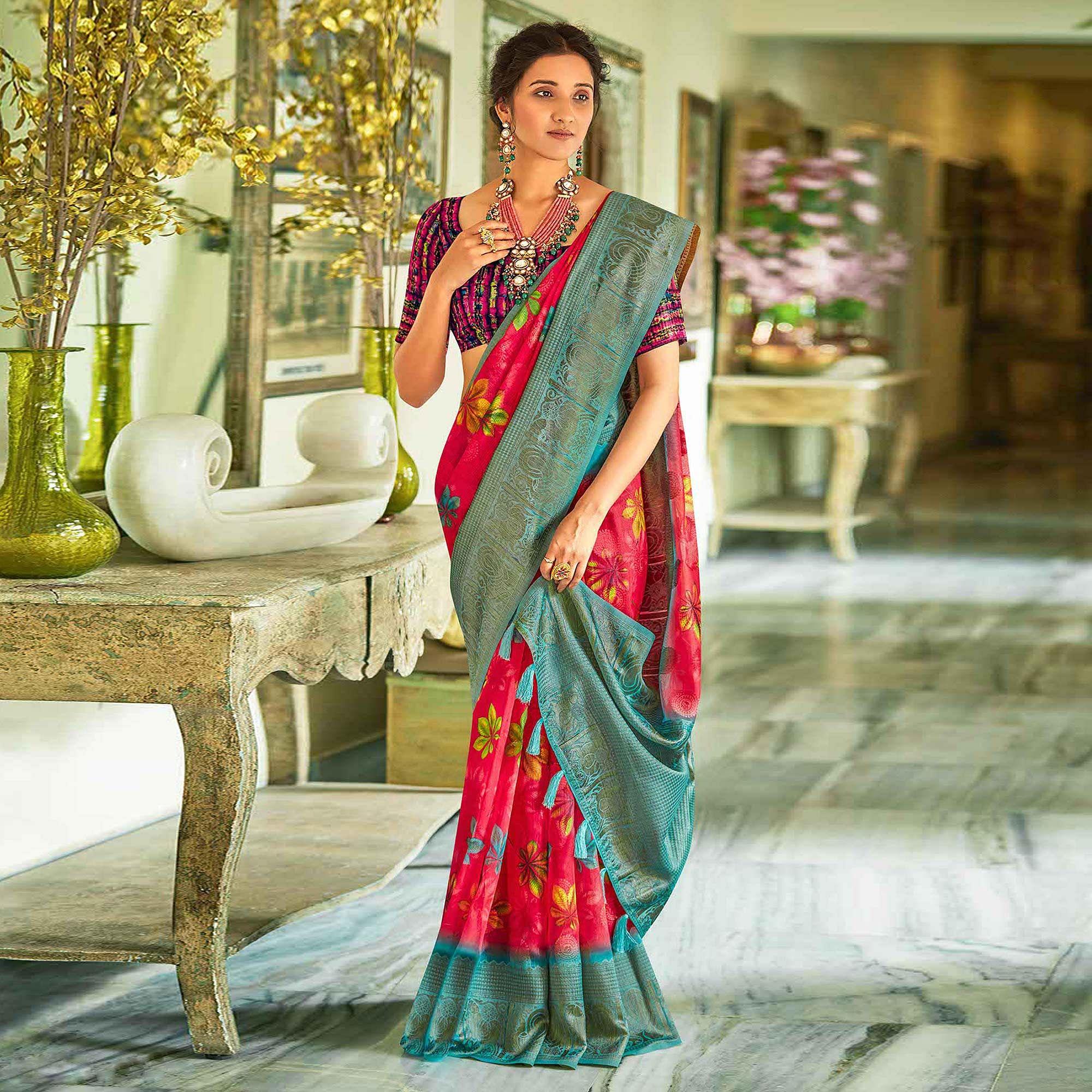 Dark Pink Casual Wear Printed Soft Cotton Saree - Peachmode