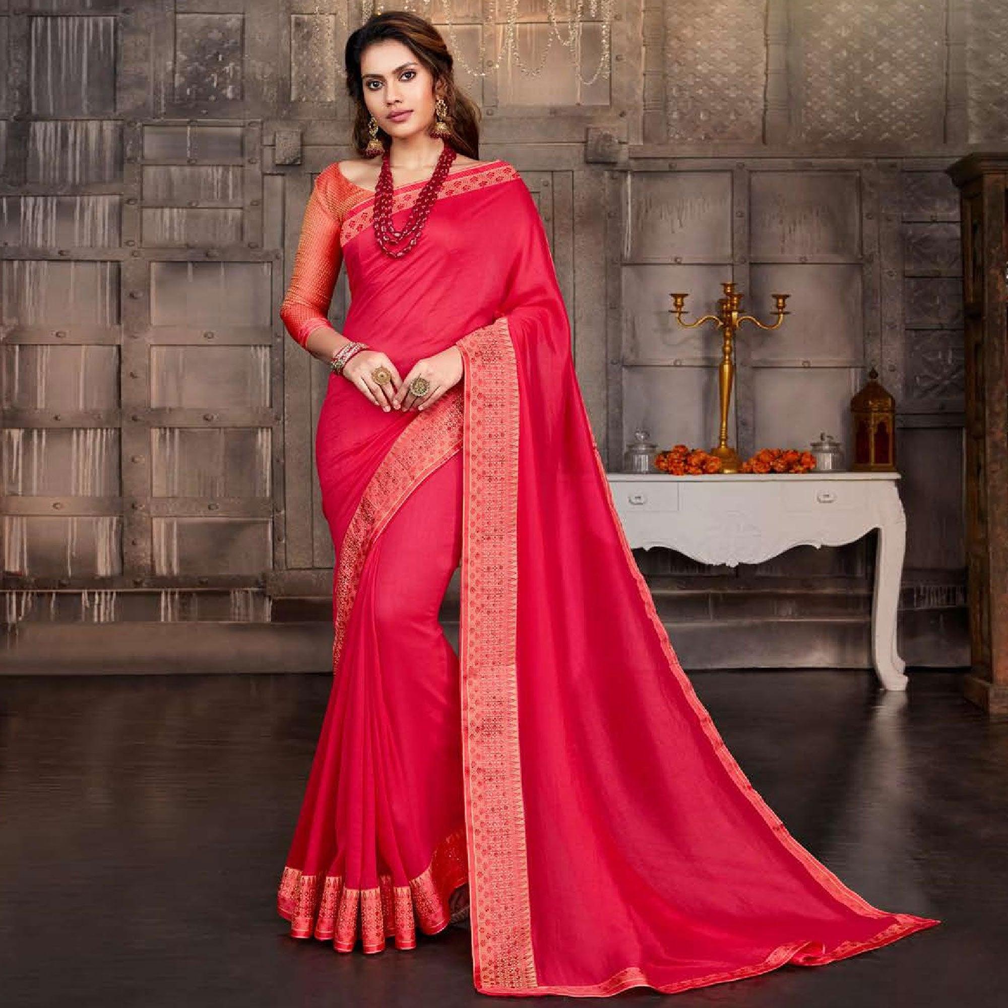 Dark Pink Casual Wear Solid Silk Saree With Border - Peachmode