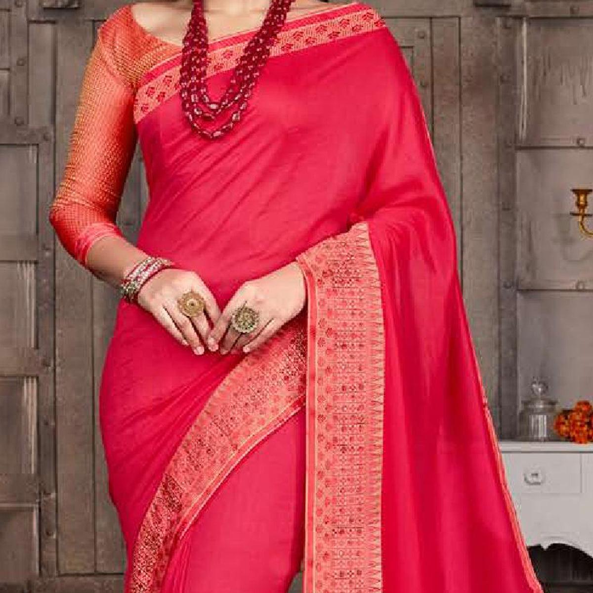 Dark Pink Casual Wear Solid Silk Saree With Border - Peachmode