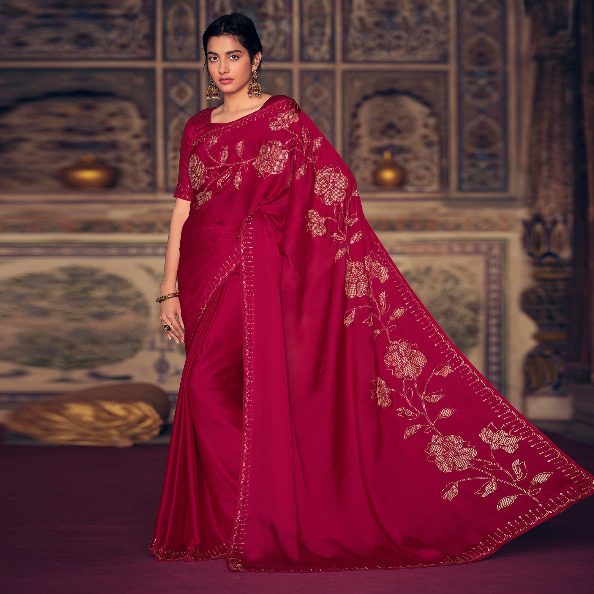 Dark Pink Casual Wear Stone Work Satin Saree With Border - Peachmode