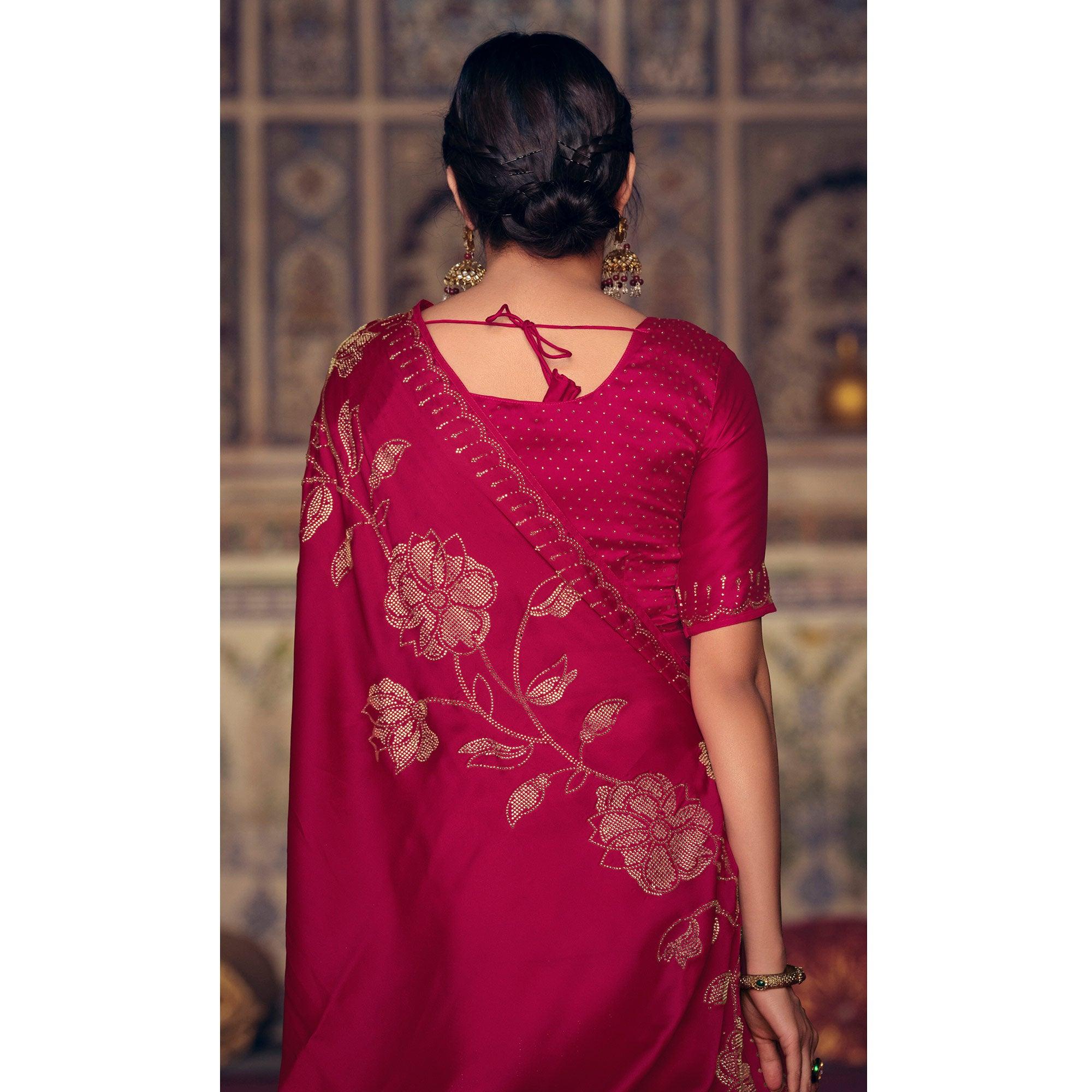 Dark Pink Casual Wear Stone Work Satin Saree With Border - Peachmode