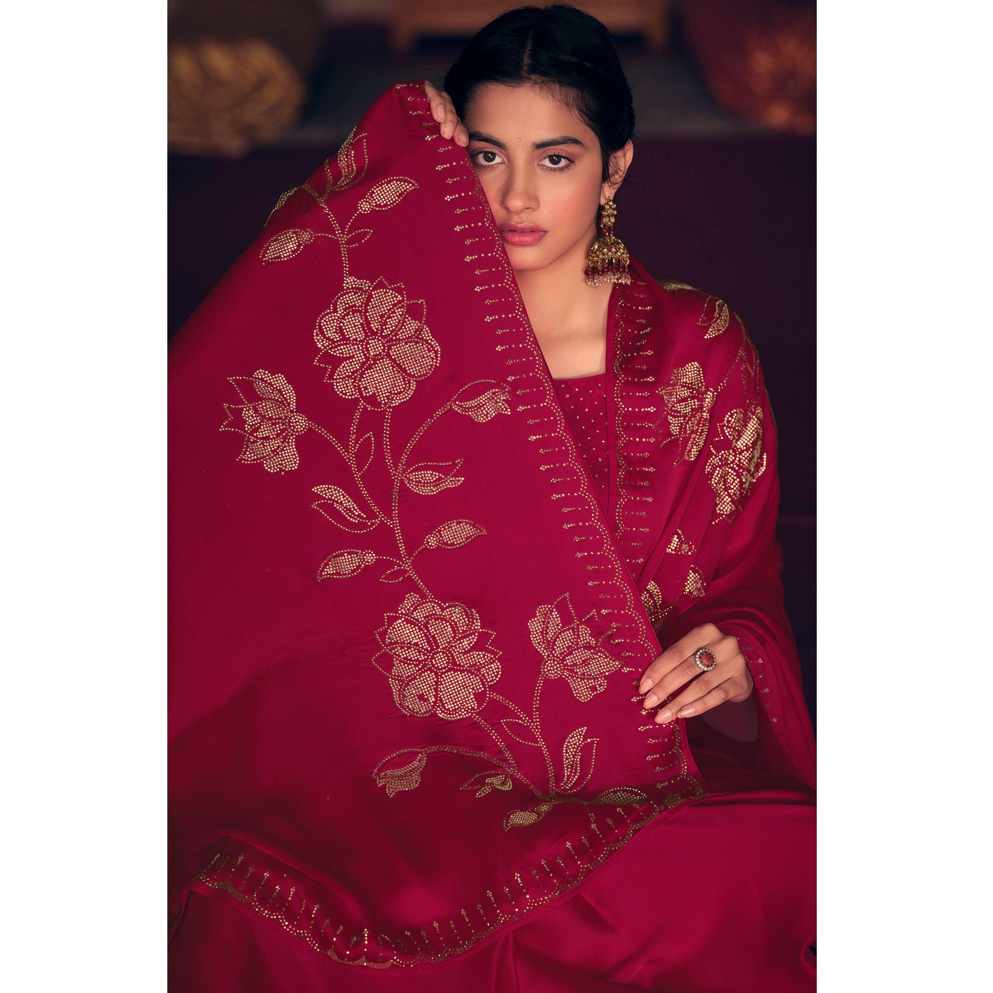 Dark Pink Casual Wear Stone Work Satin Saree With Border - Peachmode