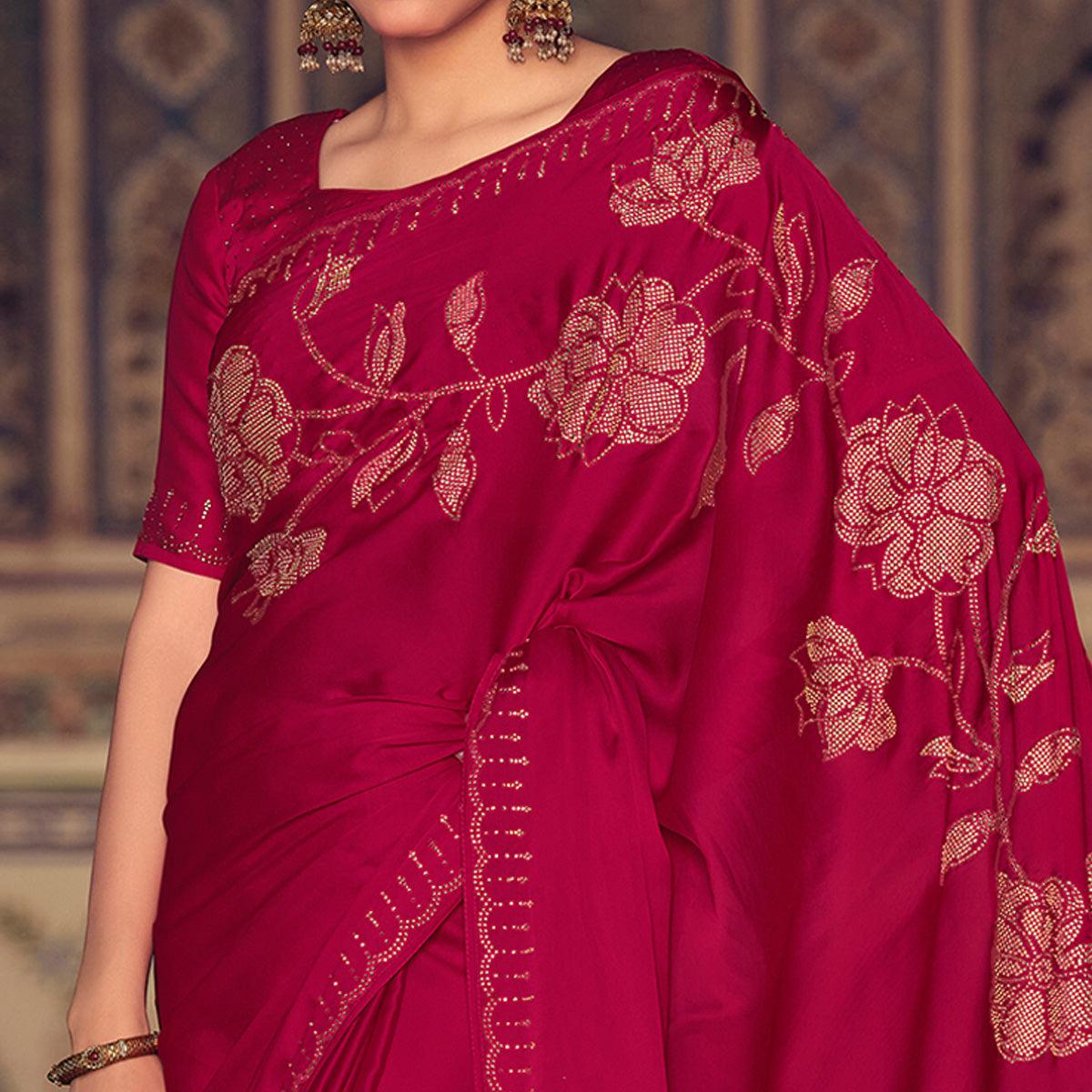 Dark Pink Casual Wear Stone Work Satin Saree With Border - Peachmode