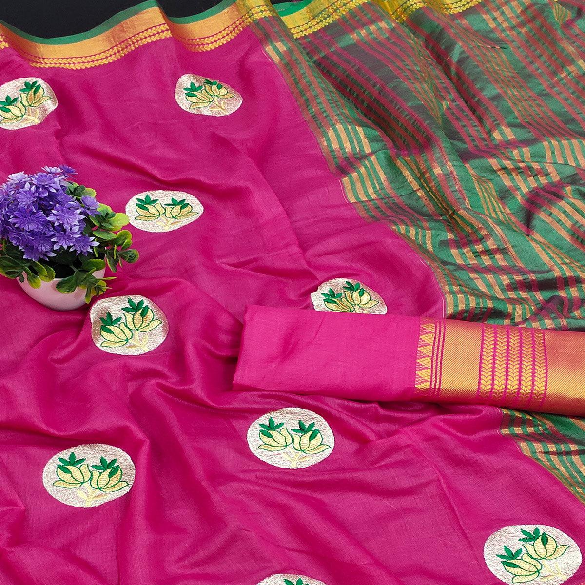 Dark Pink Casual Wear Woven Chanderi Silk Saree - Peachmode