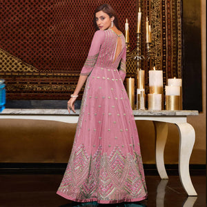 Dark Pink Designer Partywear Embroidered Heavy Net Anarakali Suit - Peachmode