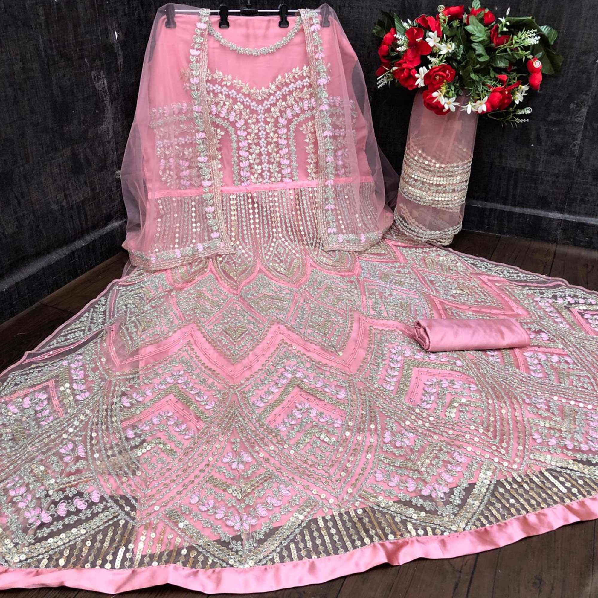 Dark Pink Designer Partywear Embroidered Heavy Net Anarakali Suit - Peachmode