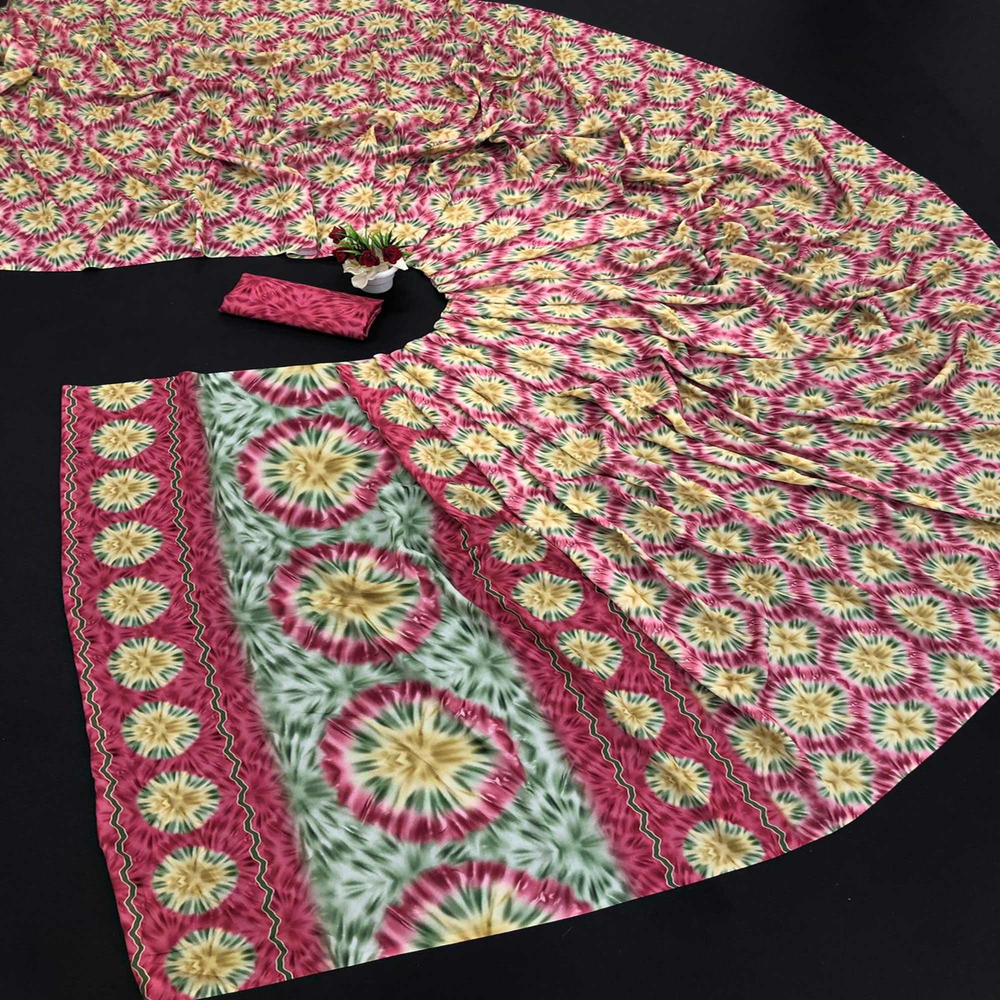 Dark Pink Digital Printed Vichitra Silk Saree - Peachmode