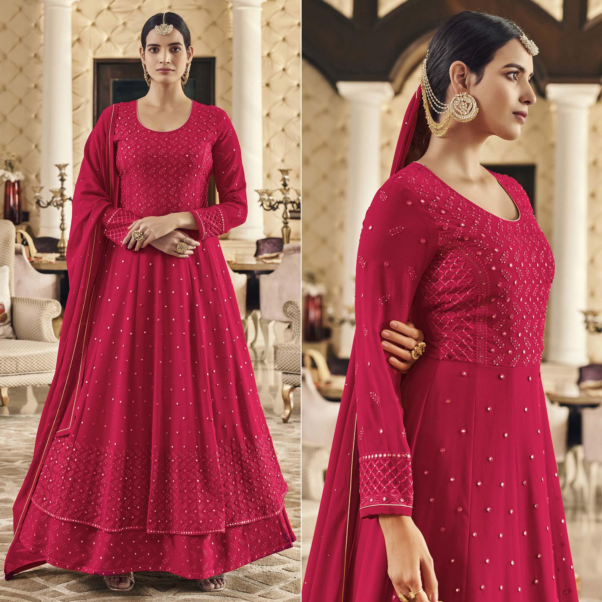 Dark Pink Embroidered Georgette Anarkali Suit - Peachmode