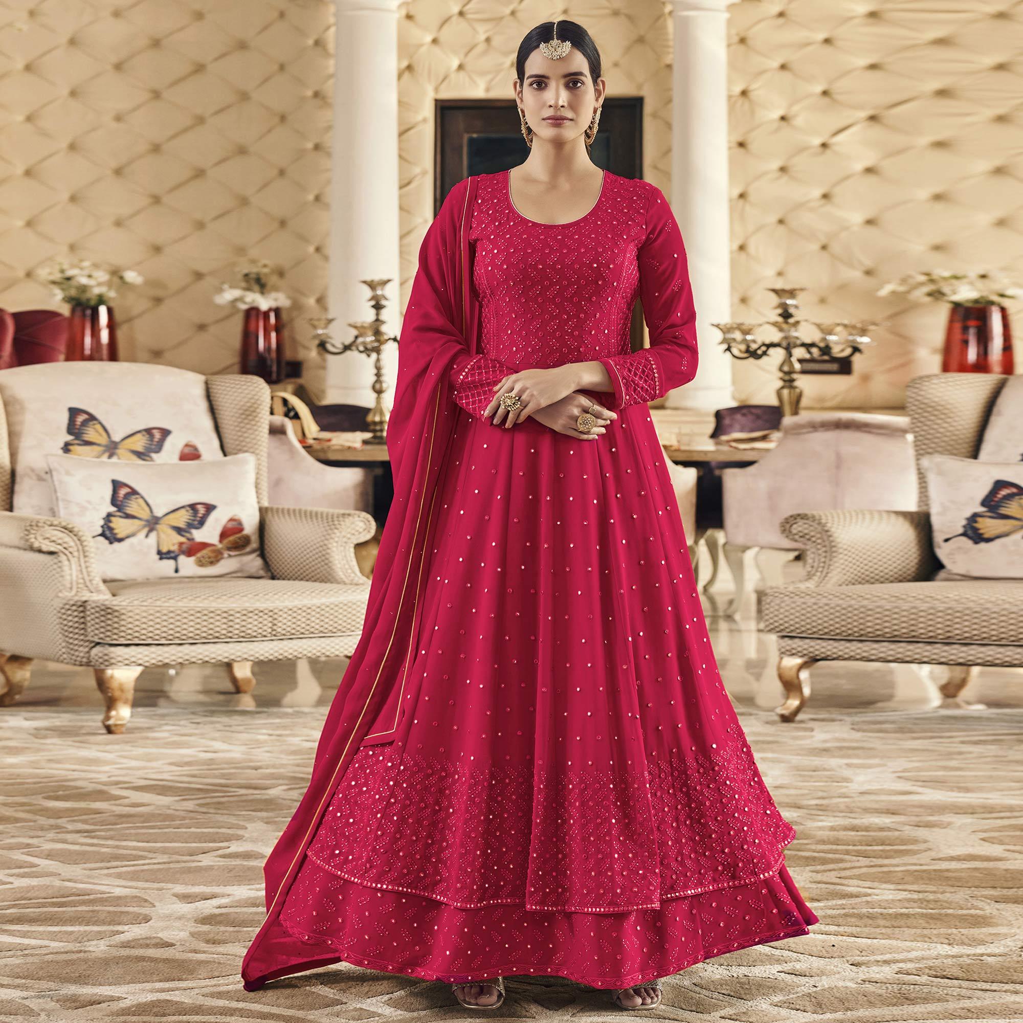 Dark Pink Embroidered Georgette Anarkali Suit - Peachmode