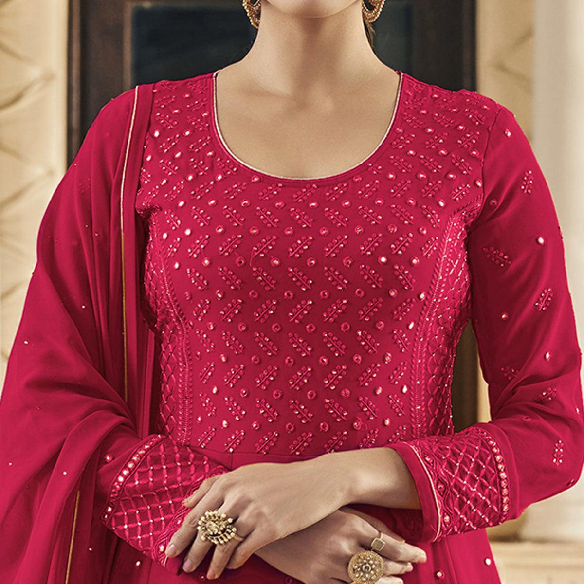 Dark Pink Embroidered Georgette Anarkali Suit - Peachmode