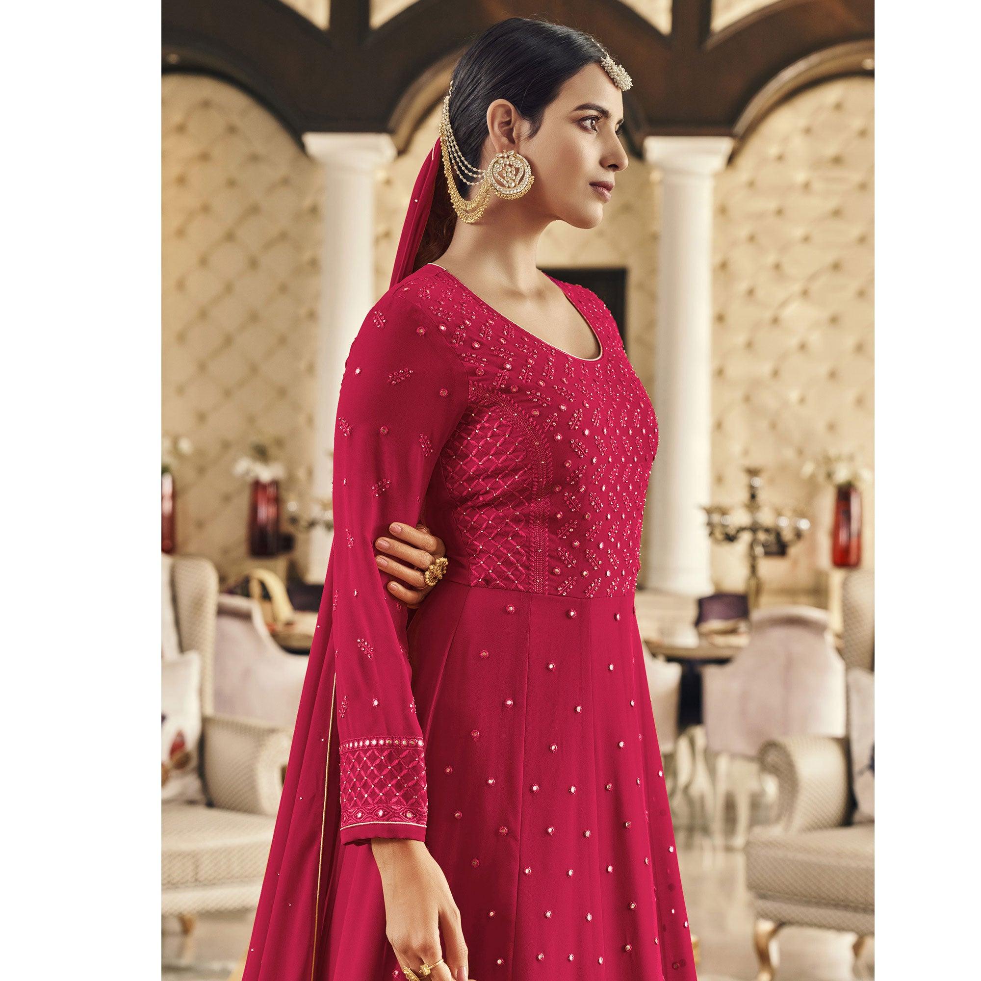 Dark Pink Embroidered Georgette Anarkali Suit - Peachmode