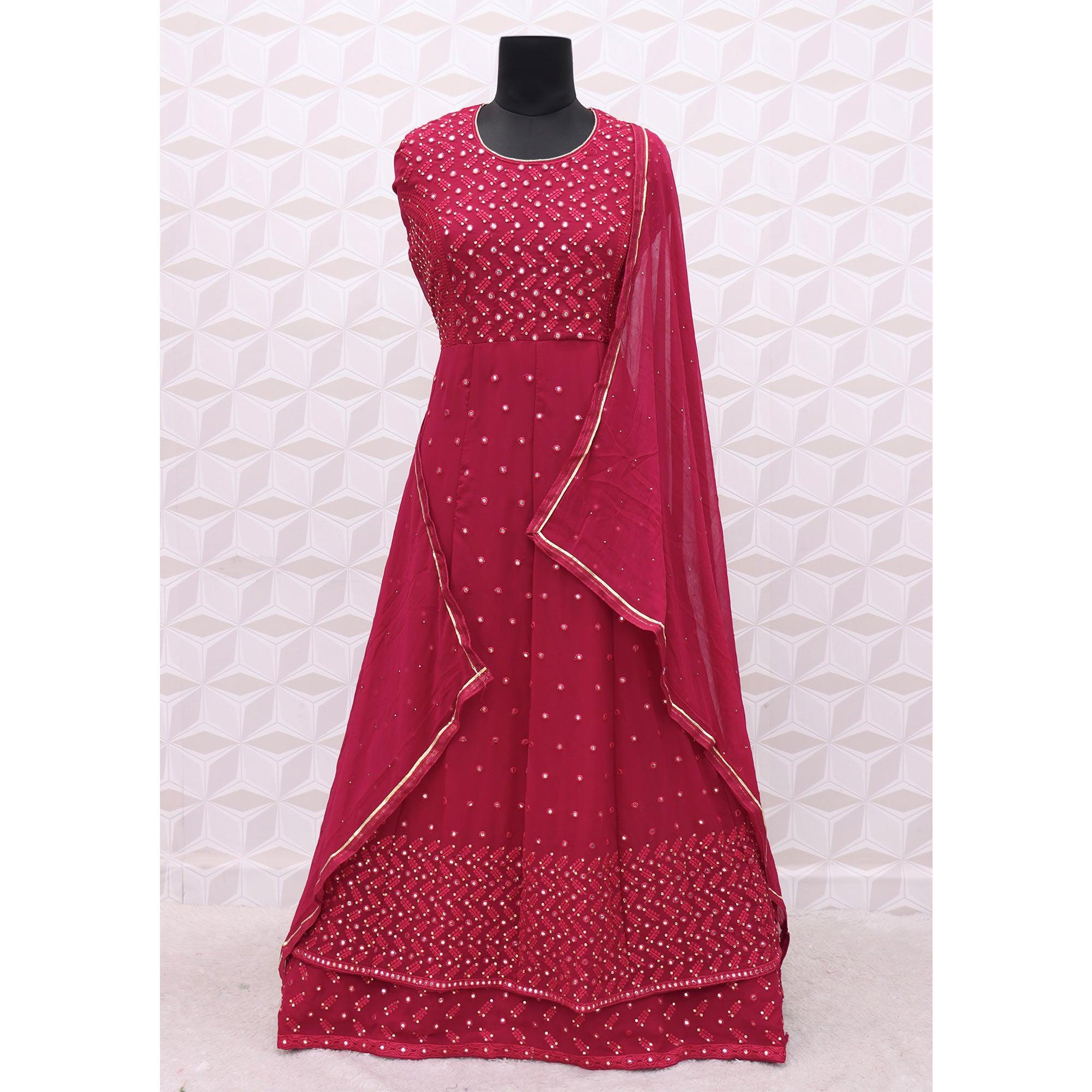 Dark Pink Embroidered Georgette Anarkali Suit - Peachmode