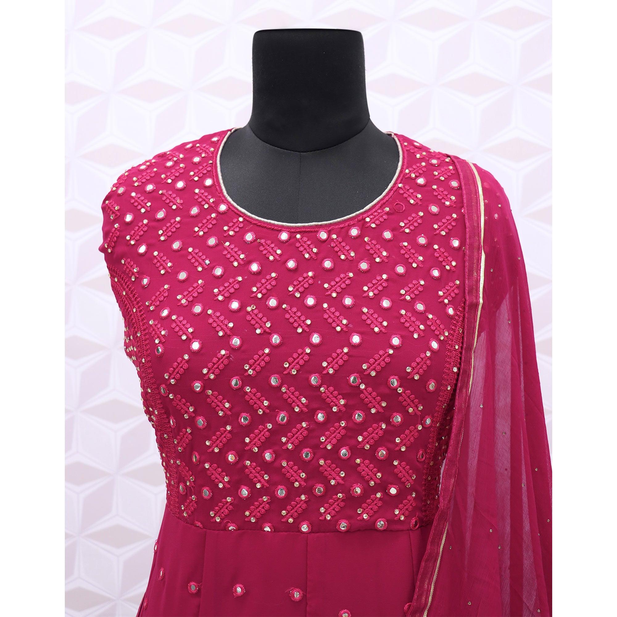 Dark Pink Embroidered Georgette Anarkali Suit - Peachmode