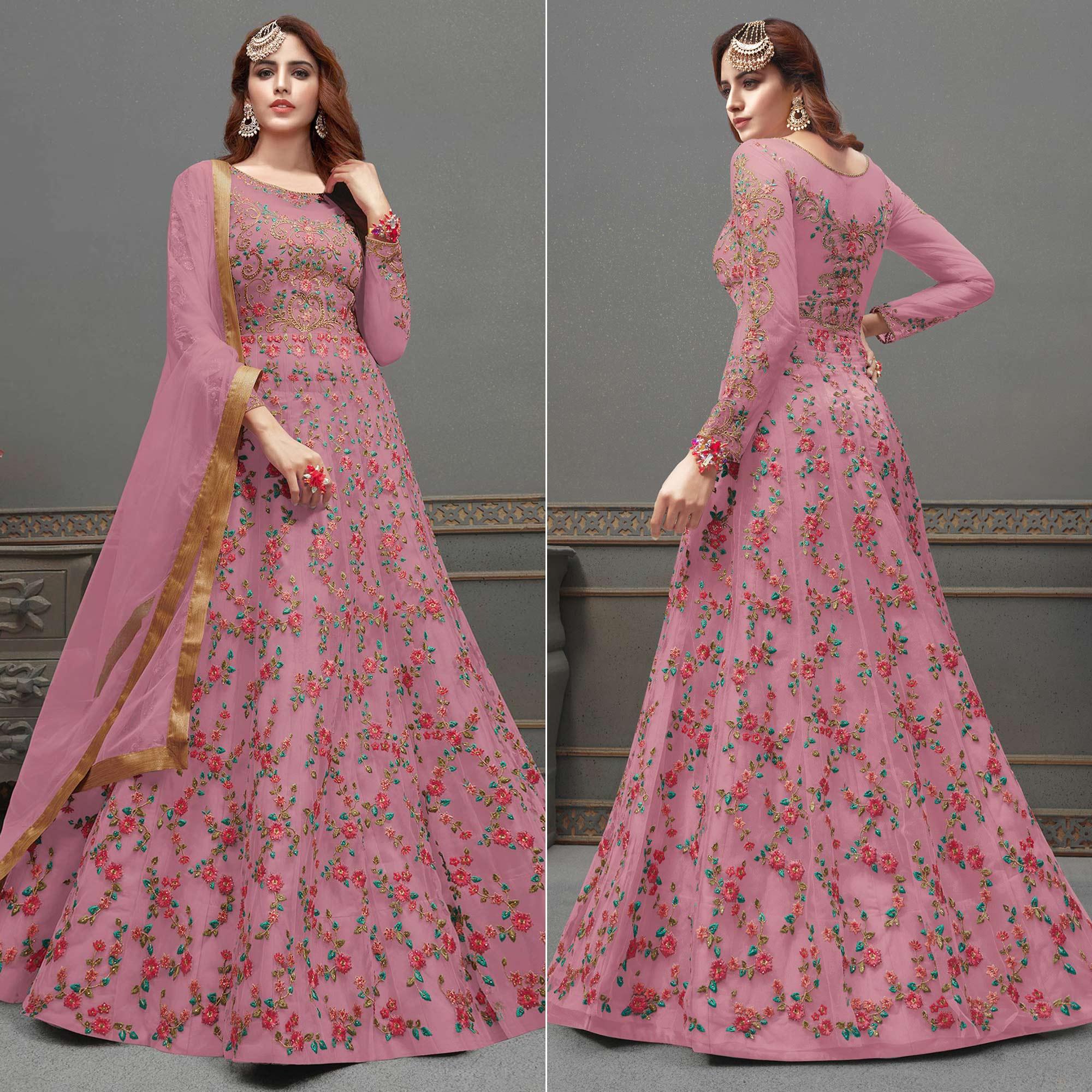 Dark Pink Embroidered Netted Anarkali Suit - Peachmode