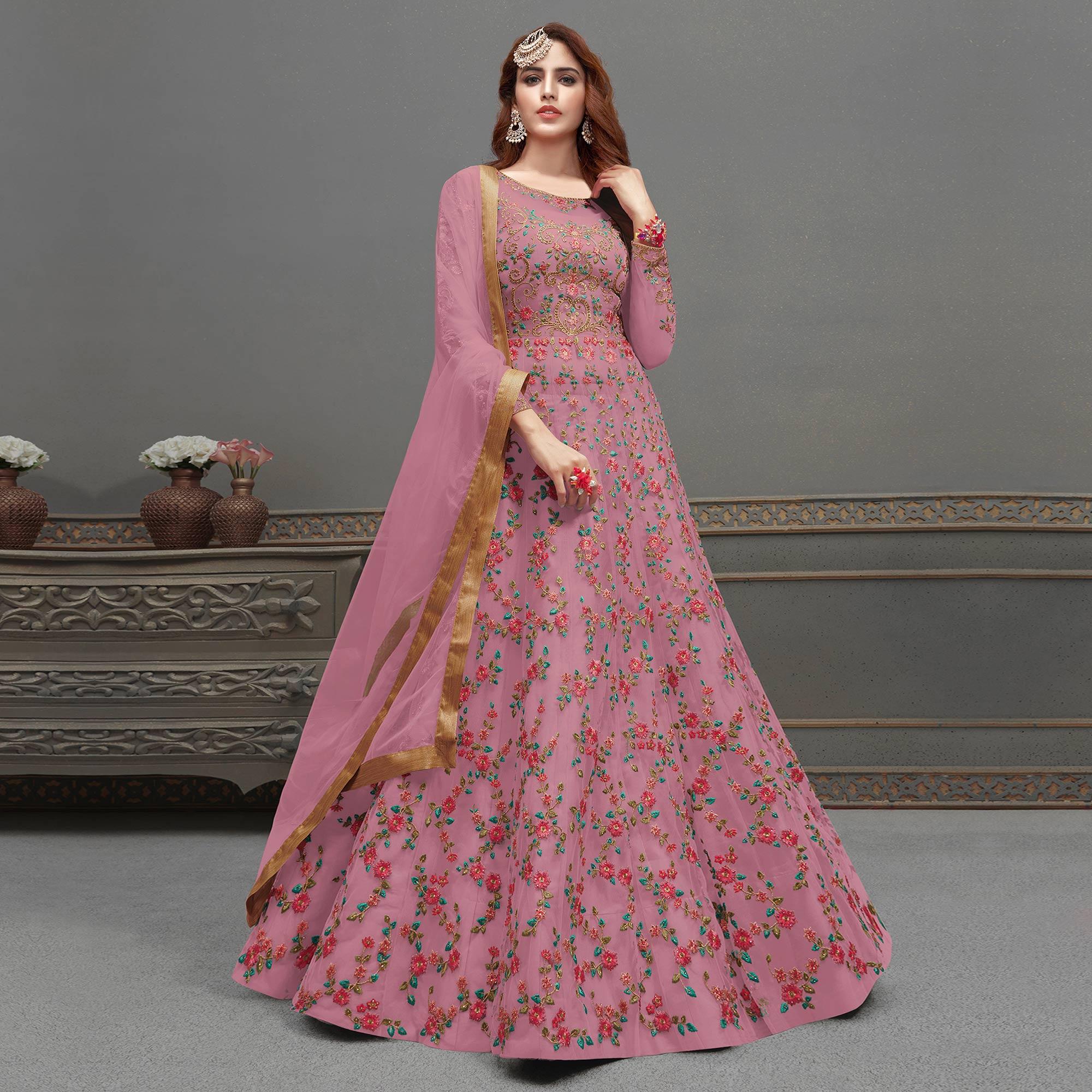 Dark Pink Embroidered Netted Anarkali Suit - Peachmode