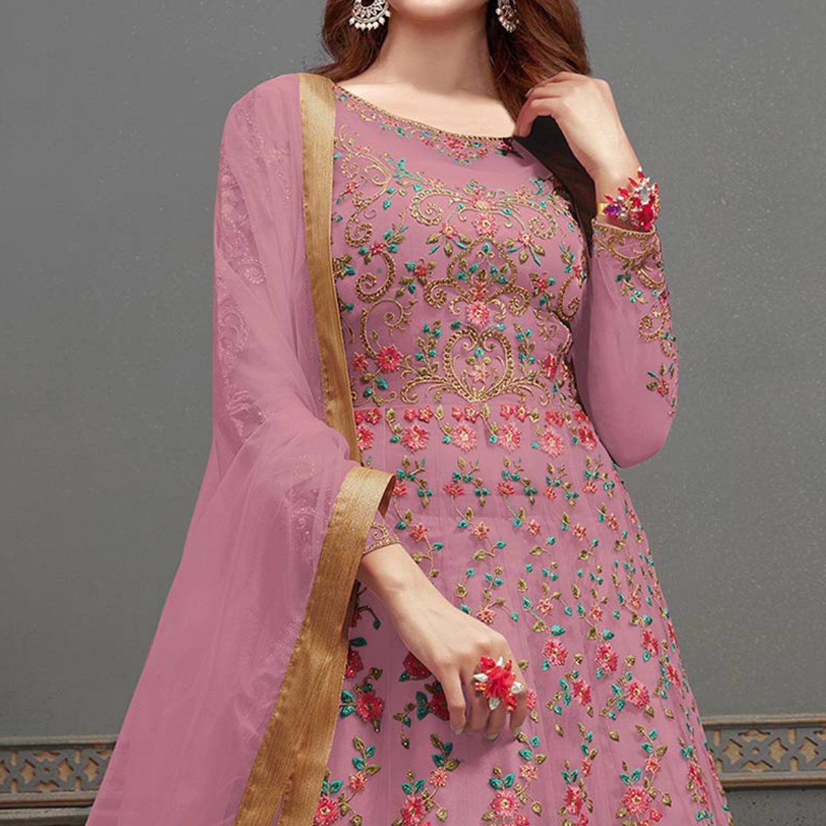 Dark Pink Embroidered Netted Anarkali Suit - Peachmode