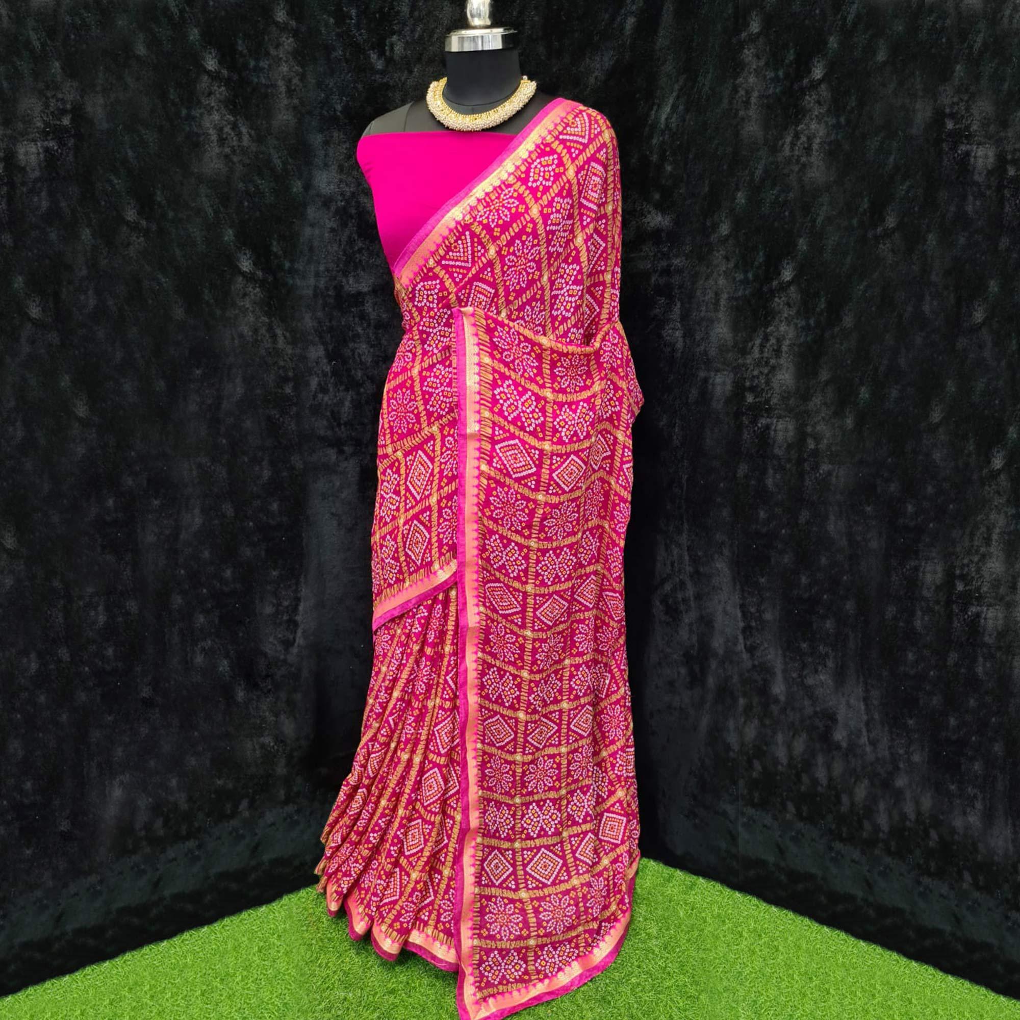 Dark Pink Festive Wear Bandhani Printed Georgette Saree With Lace Border - Peachmode