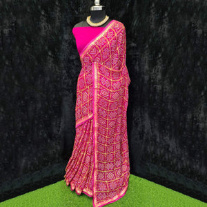 Dark Pink Festive Wear Bandhani Printed Georgette Saree With Lace Border - Peachmode