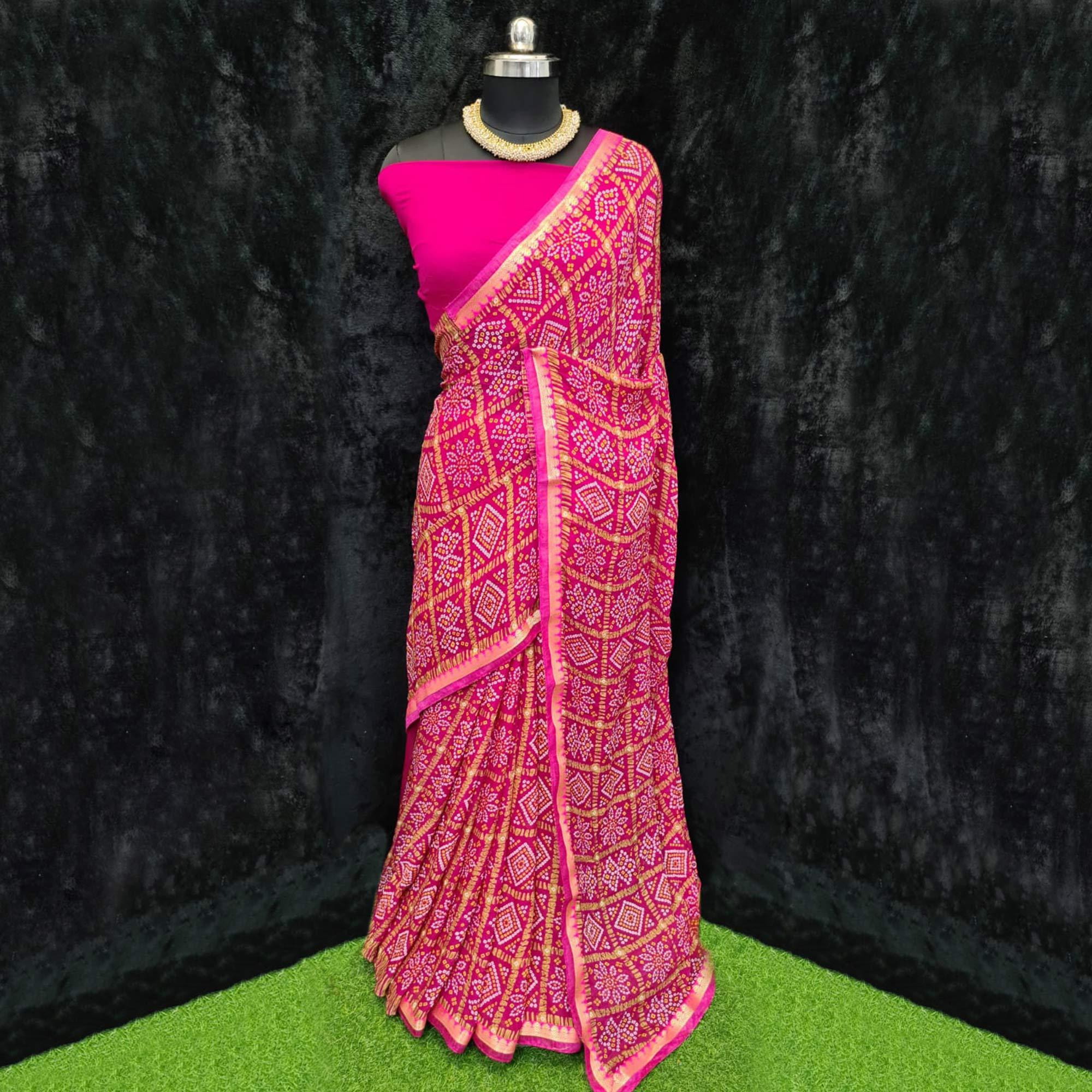 Dark Pink Festive Wear Bandhani Printed Georgette Saree With Lace Border - Peachmode