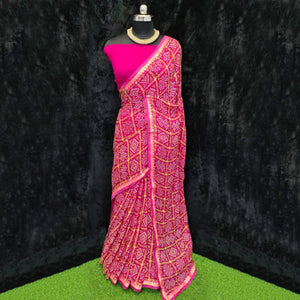 Dark Pink Festive Wear Bandhani Printed Georgette Saree With Lace Border - Peachmode