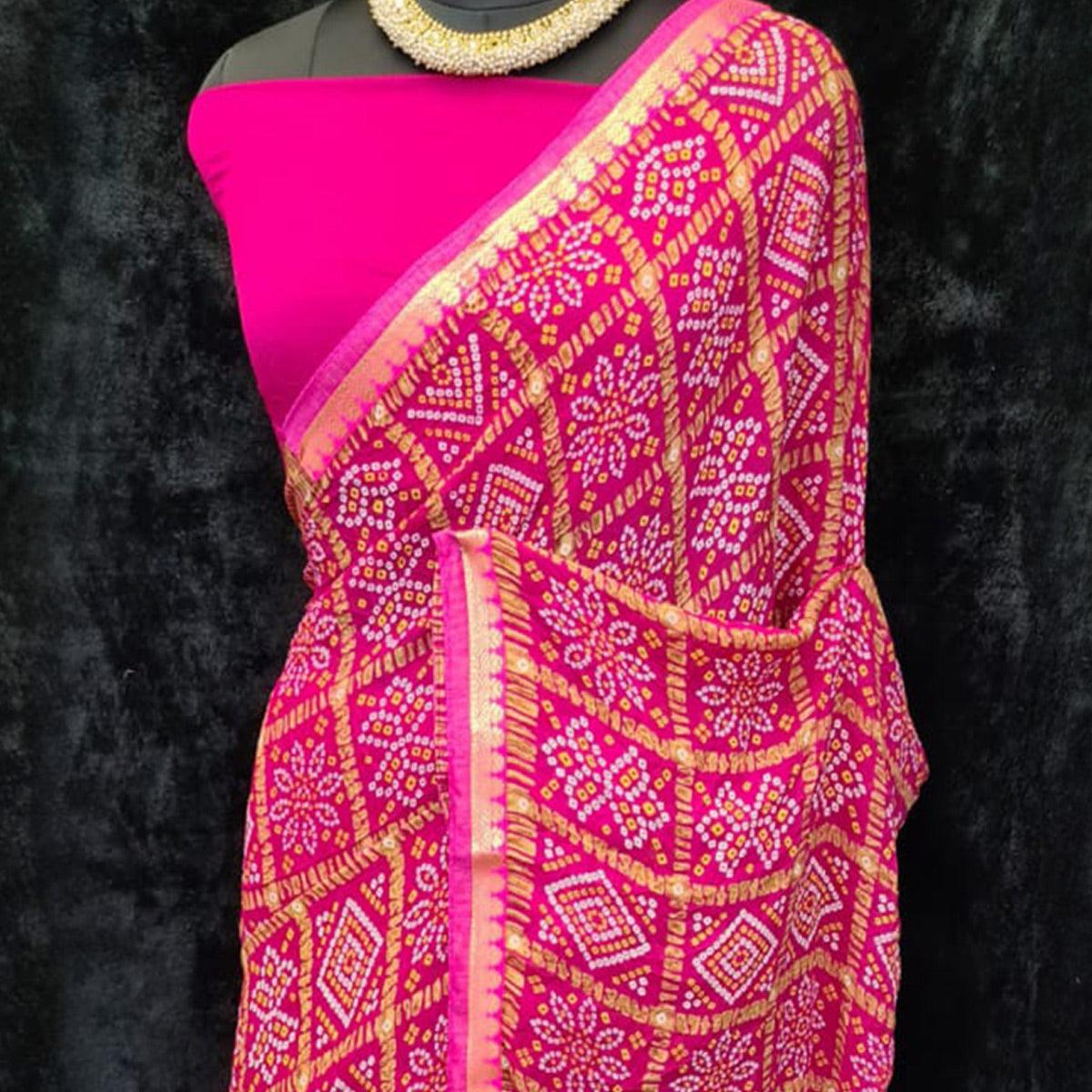 Dark Pink Festive Wear Bandhani Printed Georgette Saree With Lace Border - Peachmode