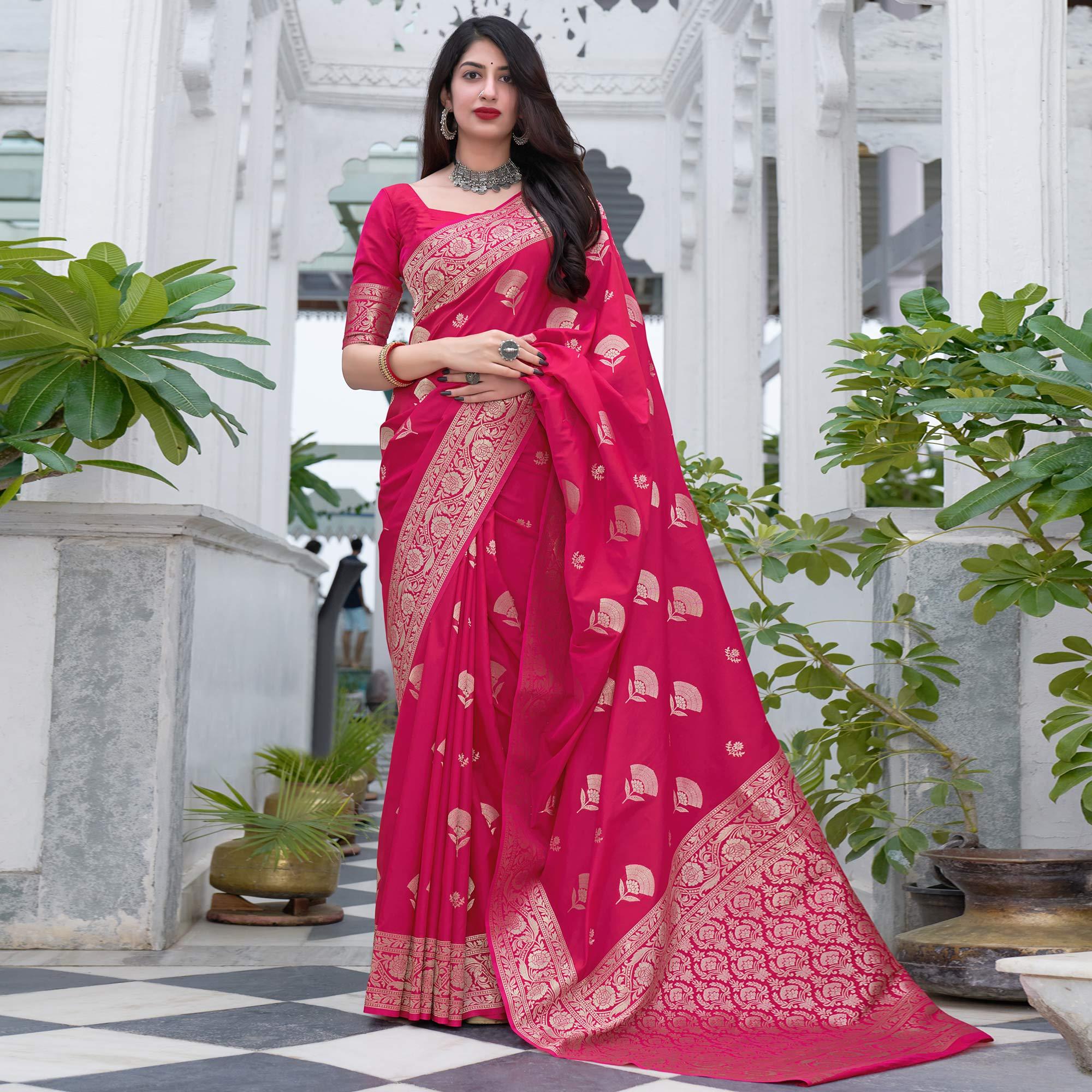 Dark Pink Festive Wear Designer Woven Silk Saree - Peachmode