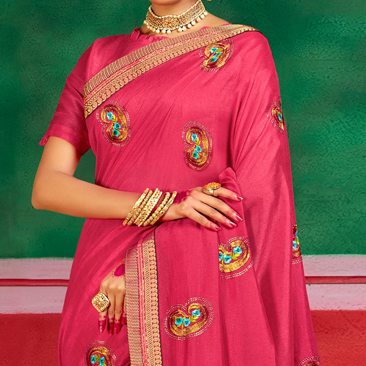 Dark Pink Festive Wear Embroidered Dola Silk Saree - Peachmode
