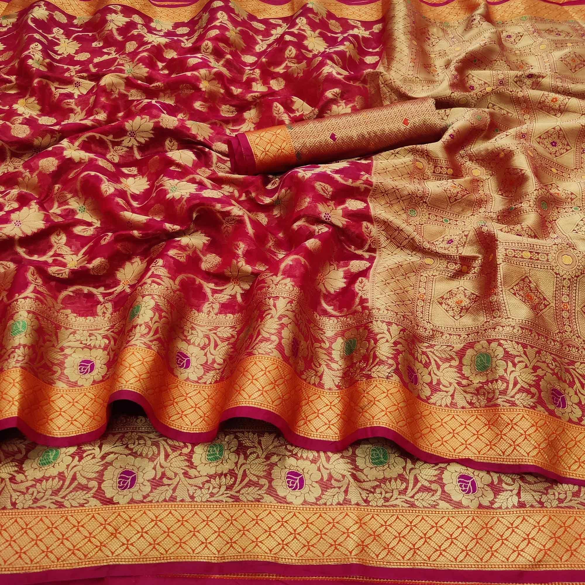Dark Pink Festive Wear Floral Woven Organza Saree - Peachmode