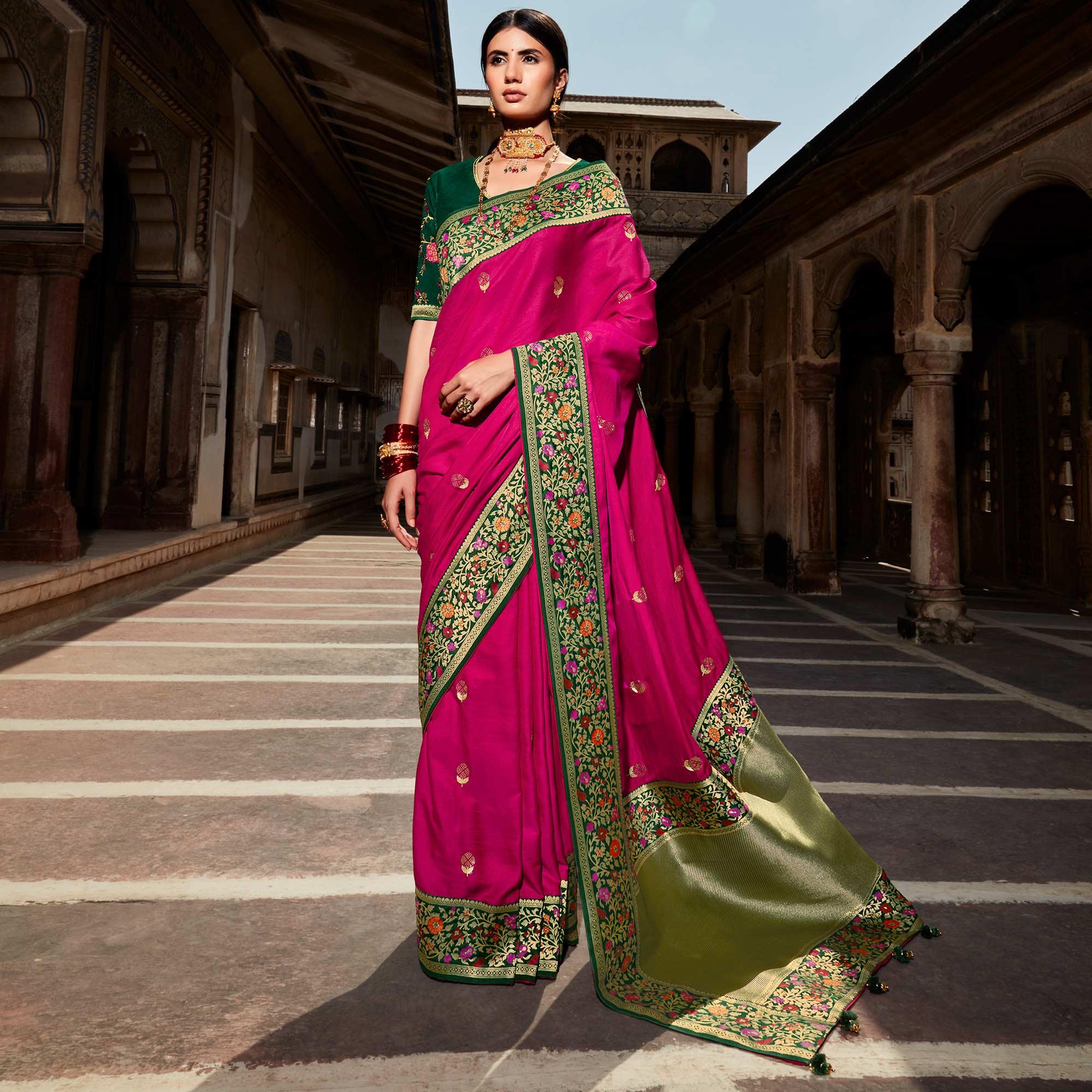 Dark Pink Festive Wear Floral Woven Silk Saree - Peachmode