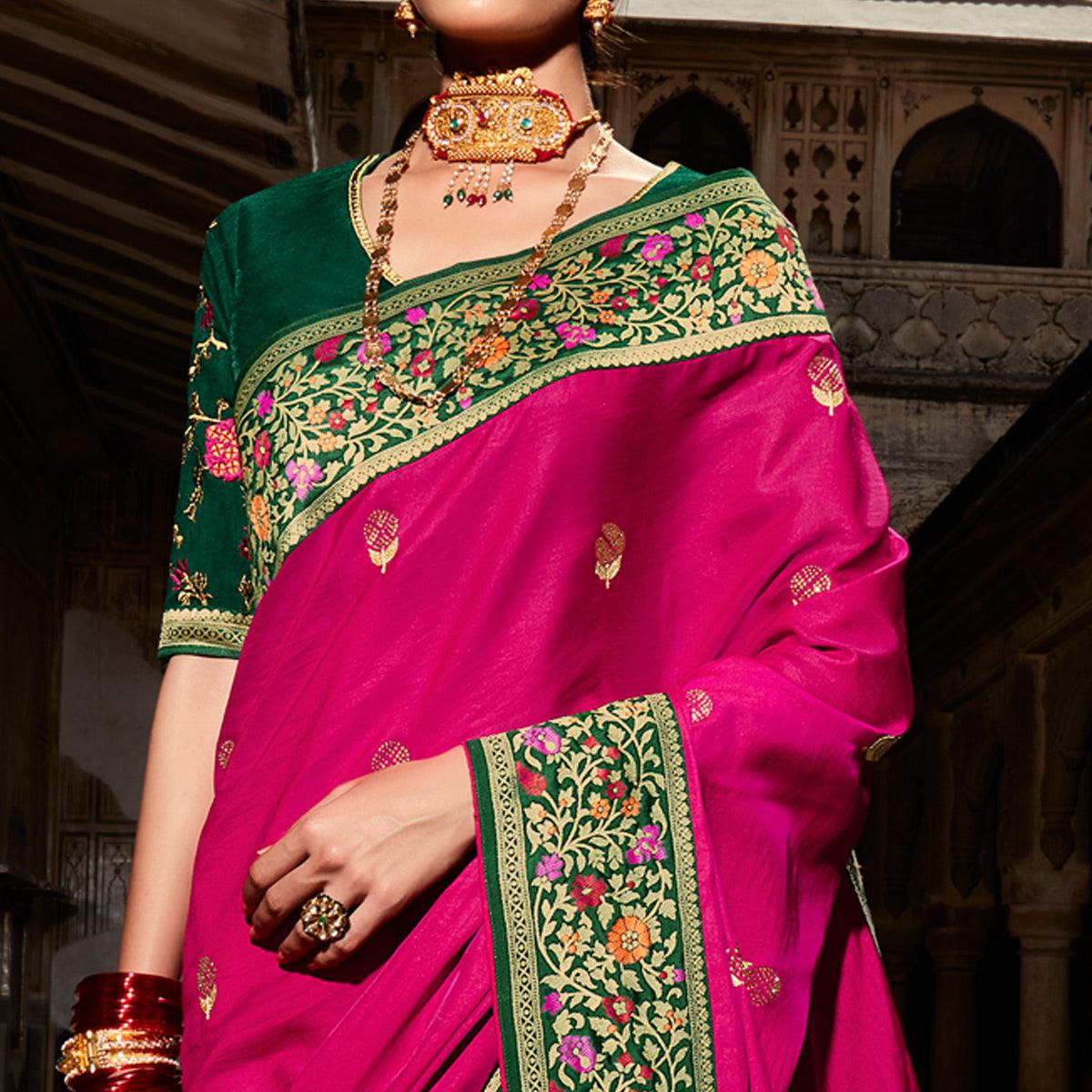 Dark Pink Festive Wear Floral Woven Silk Saree - Peachmode