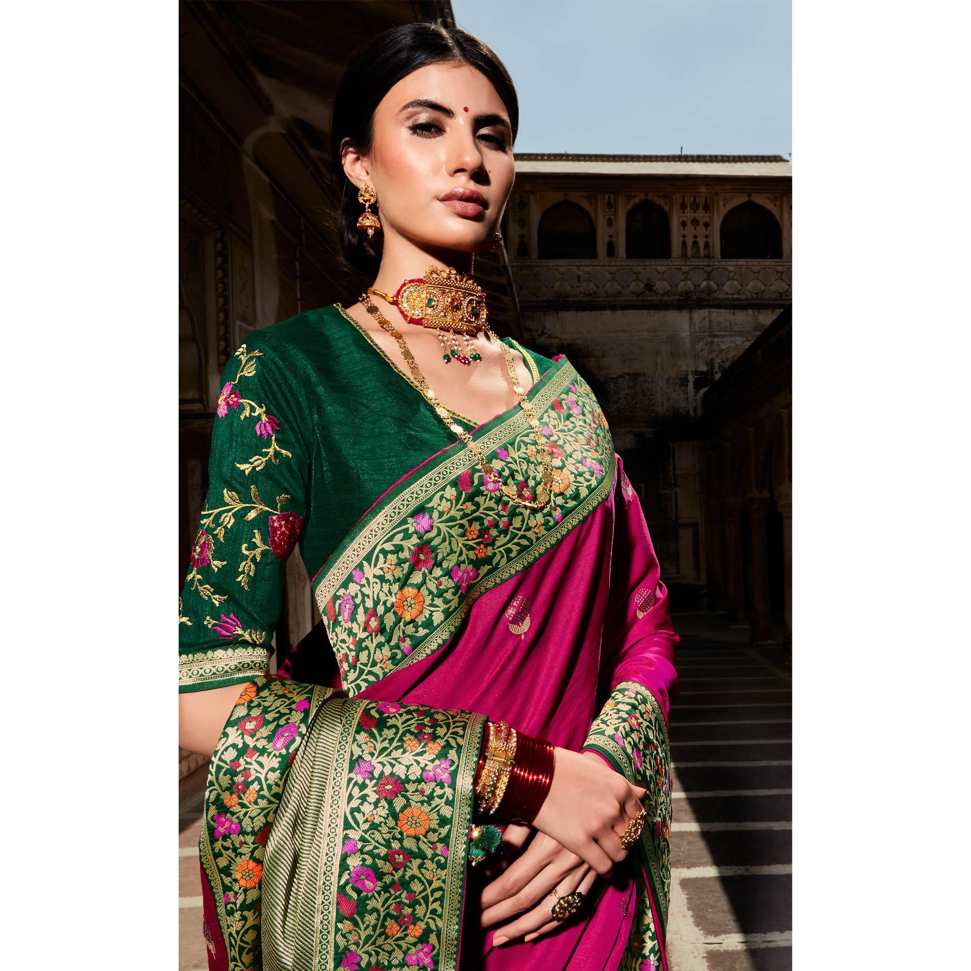 Dark Pink Festive Wear Floral Woven Silk Saree - Peachmode