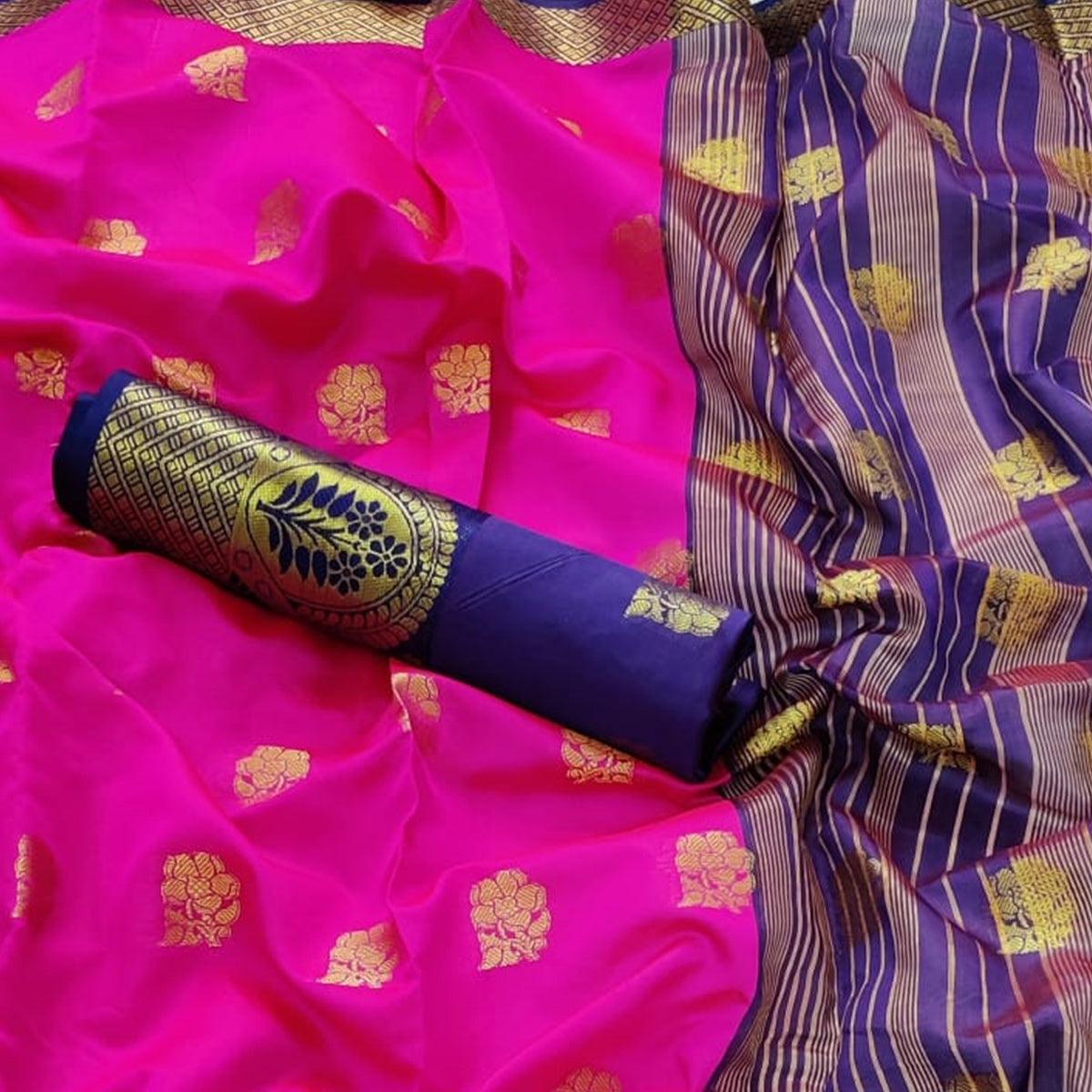 Dark Pink Festive Wear Floral Woven Soft Silk Saree With Meena Butta Lining Pallu - Peachmode