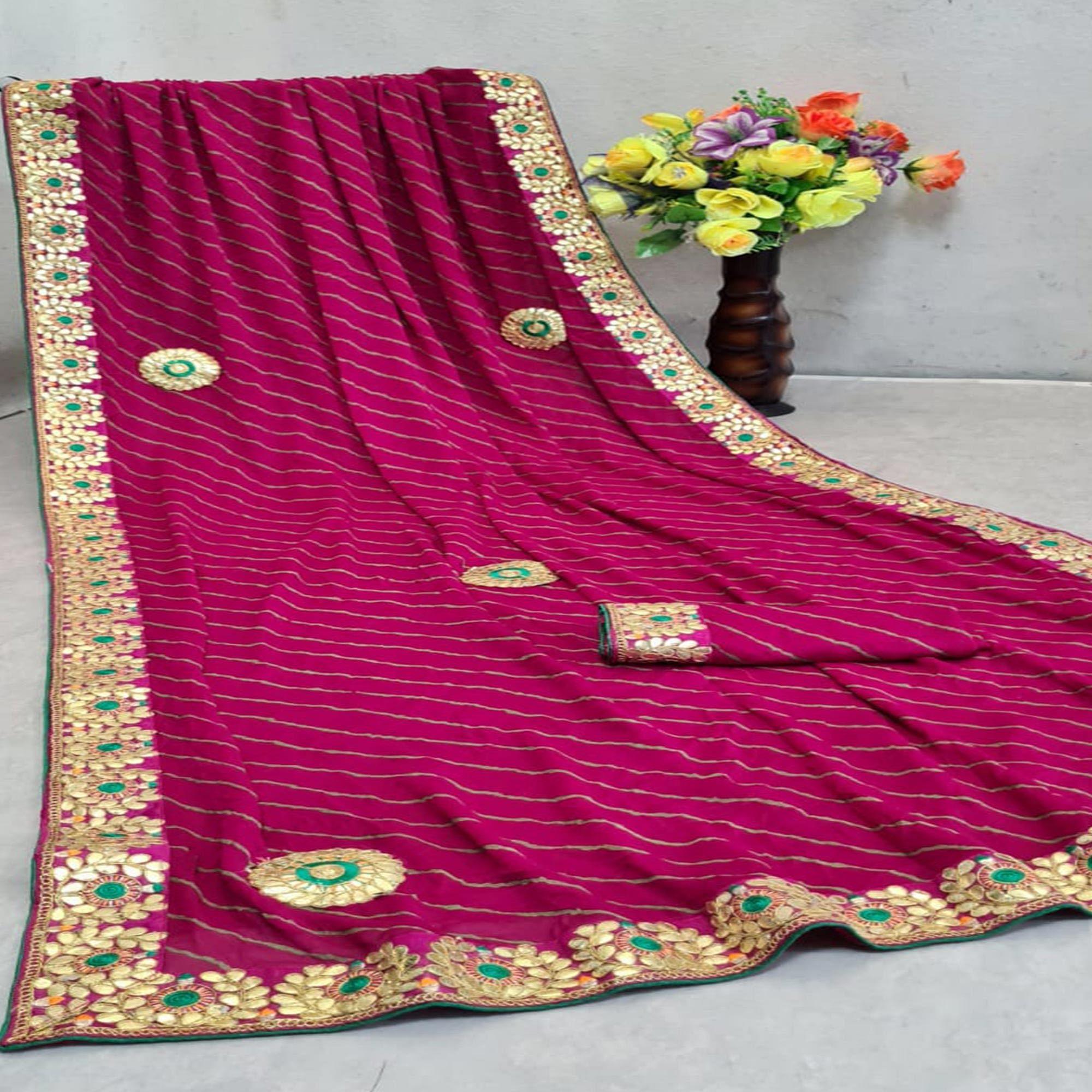 Dark Pink Festive Wear Printed Georgette Saree With Lace Border - Peachmode