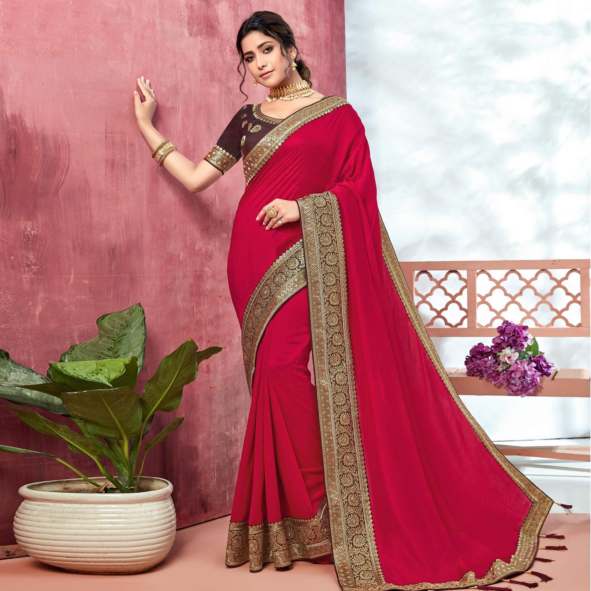 Dark Pink Festive Wear Silk Saree With Embroidered Border - Peachmode