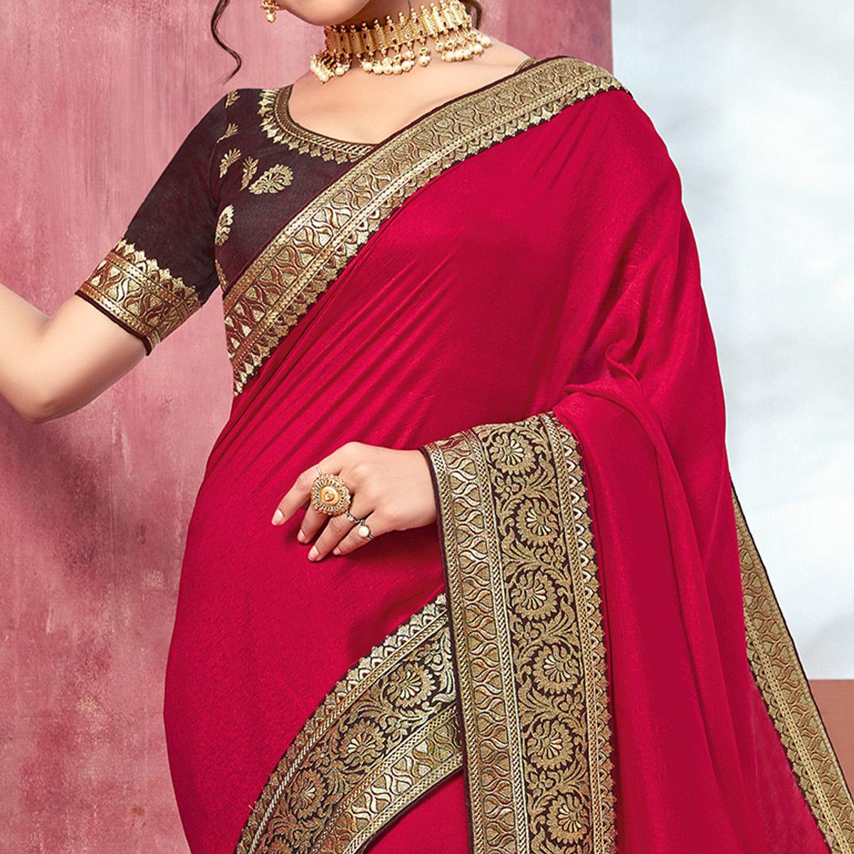 Dark Pink Festive Wear Silk Saree With Embroidered Border - Peachmode