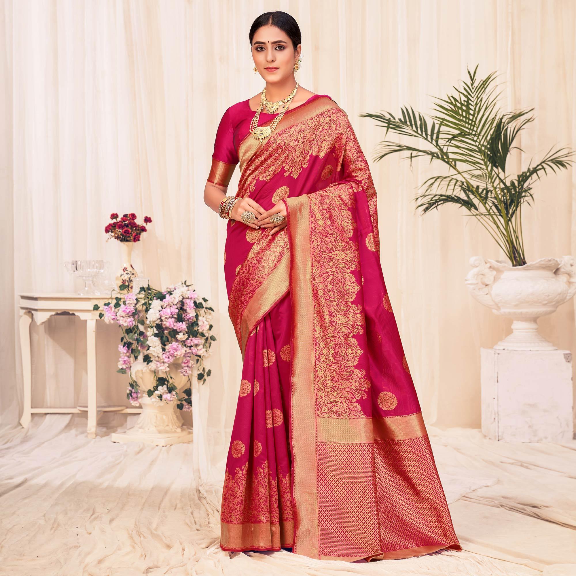 Dark Pink Festive Wear Woven Banarasi Silk Saree - Peachmode