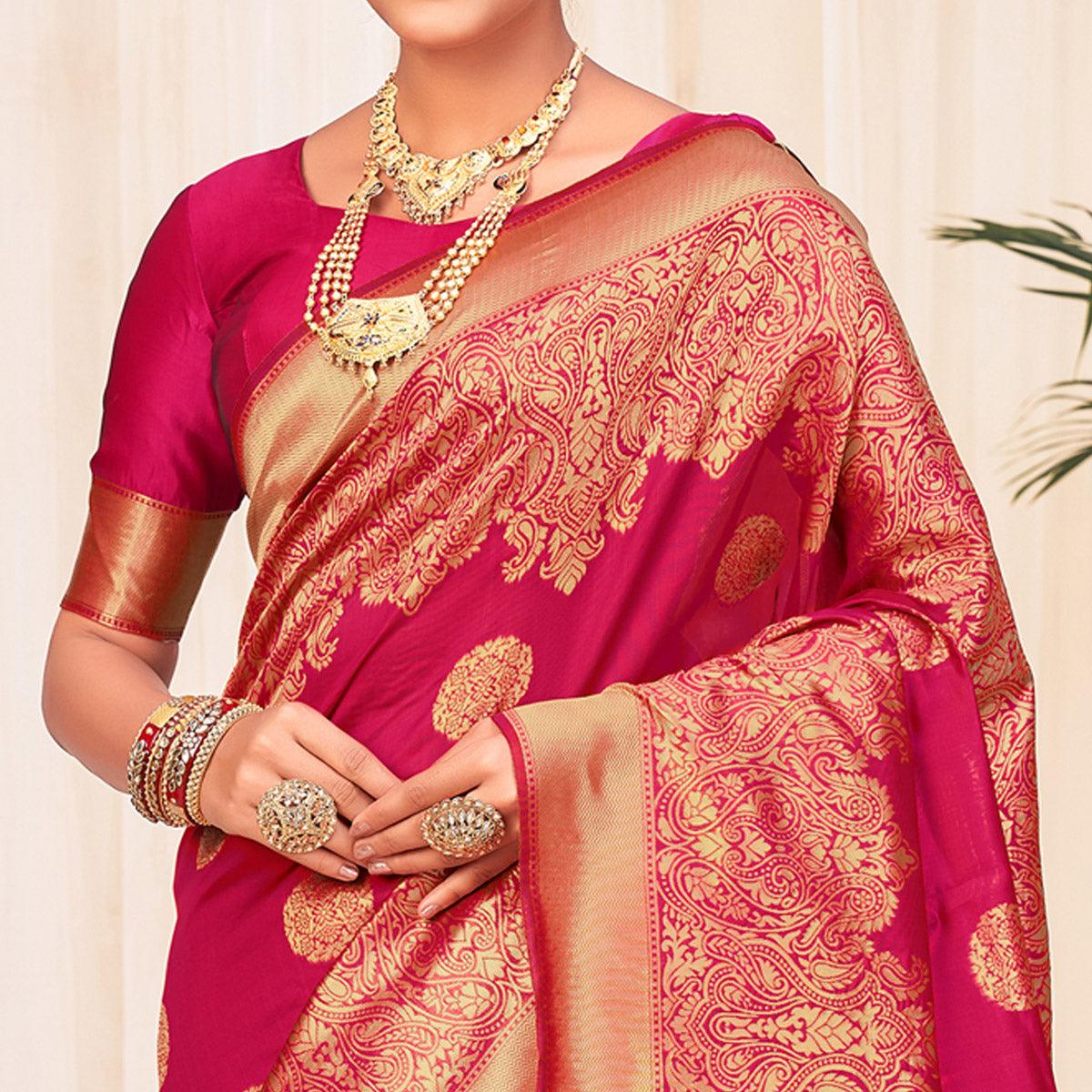 Dark Pink Festive Wear Woven Banarasi Silk Saree - Peachmode