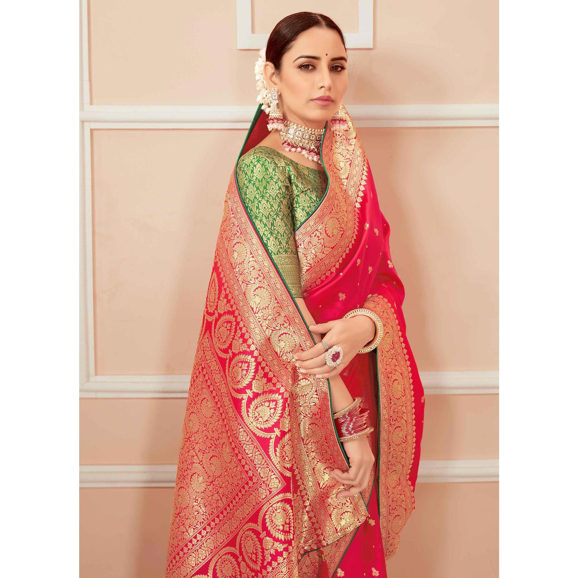 Dark Pink Festive Wear Woven Banarasi Silk Saree With Tassels - Peachmode