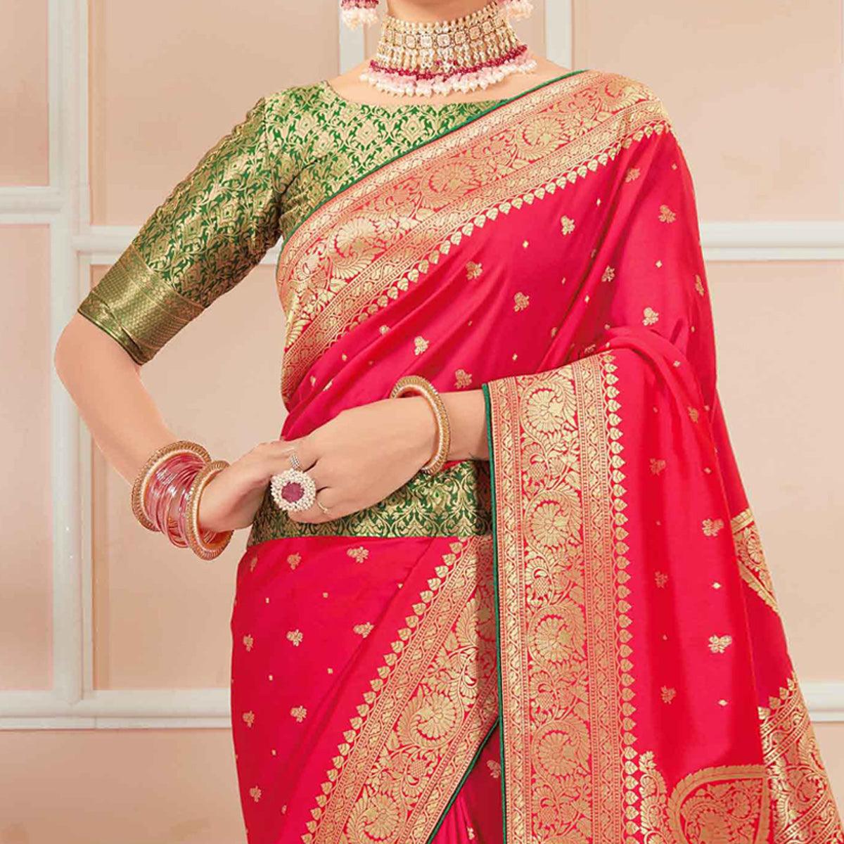 Dark Pink Festive Wear Woven Banarasi Silk Saree With Tassels - Peachmode