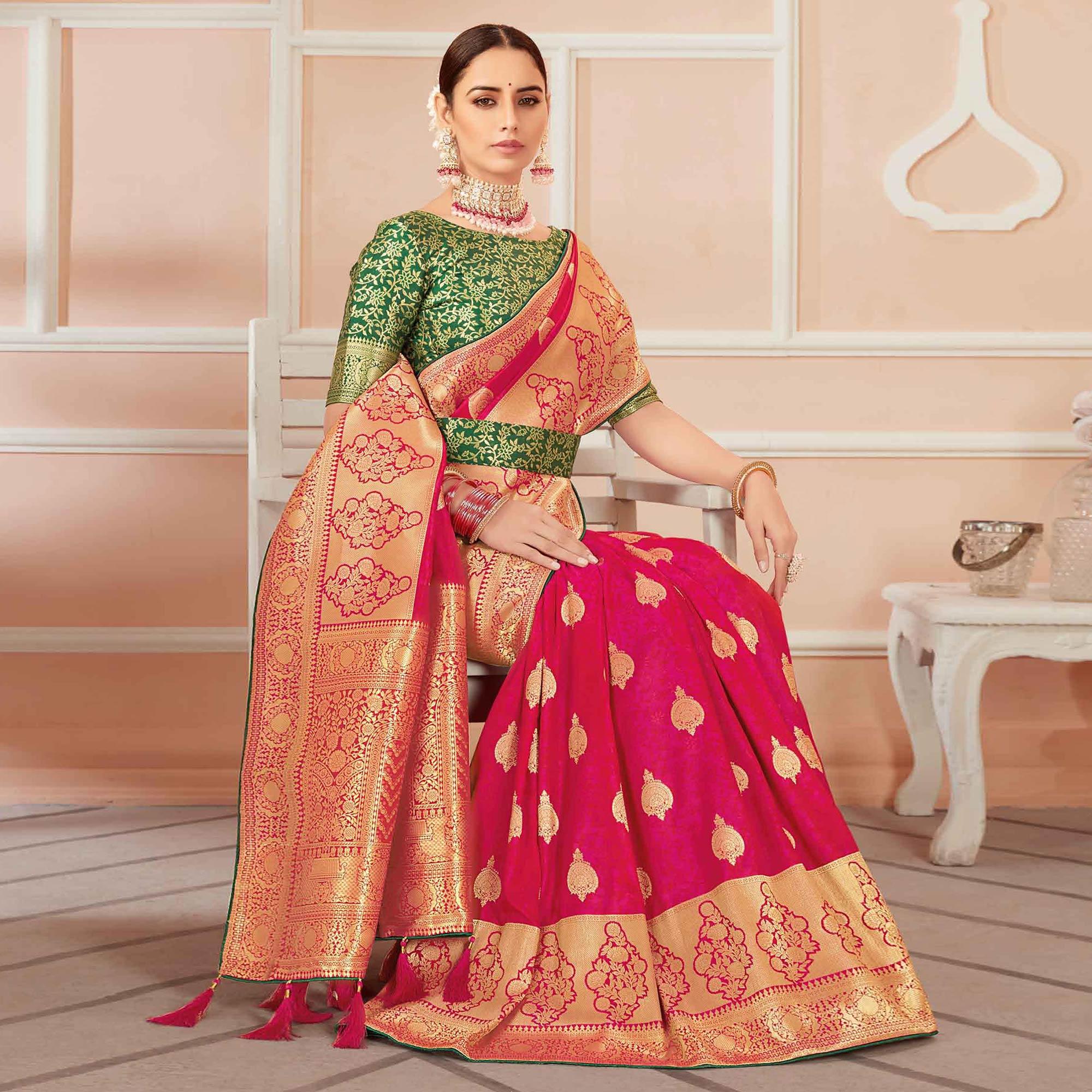 Dark Pink Festive Wear Woven Banarasi Silk Saree With Tassels - Peachmode