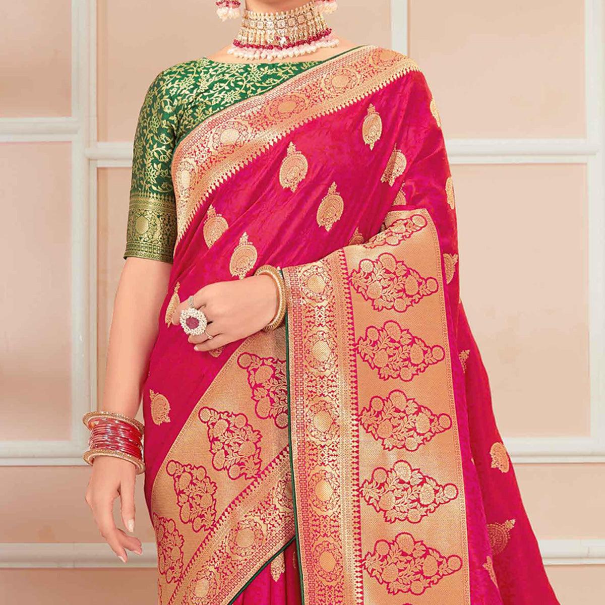 Dark Pink Festive Wear Woven Banarasi Silk Saree With Tassels - Peachmode