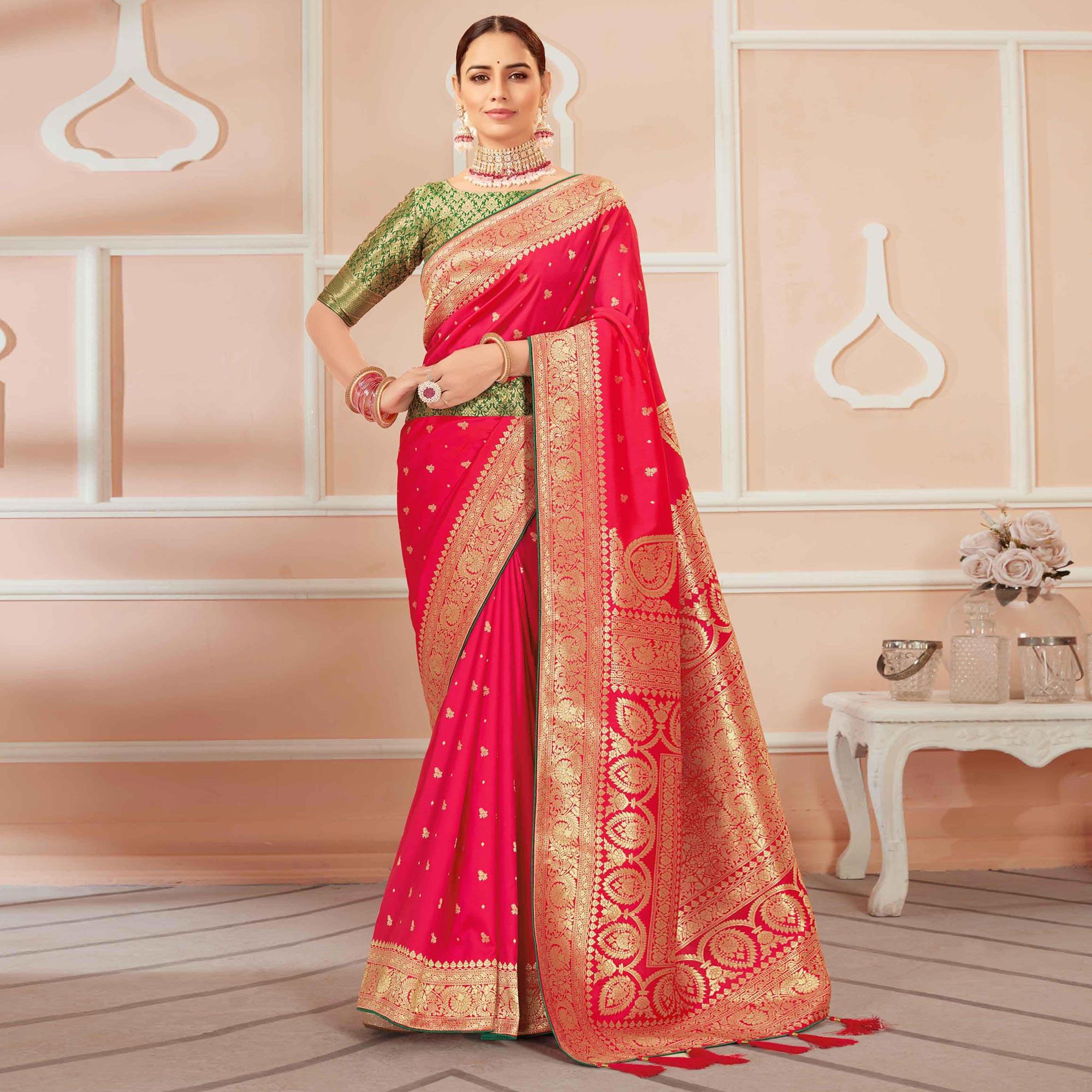 Dark Pink Festive Wear Woven Banarasi Silk Saree With Tassels - Peachmode