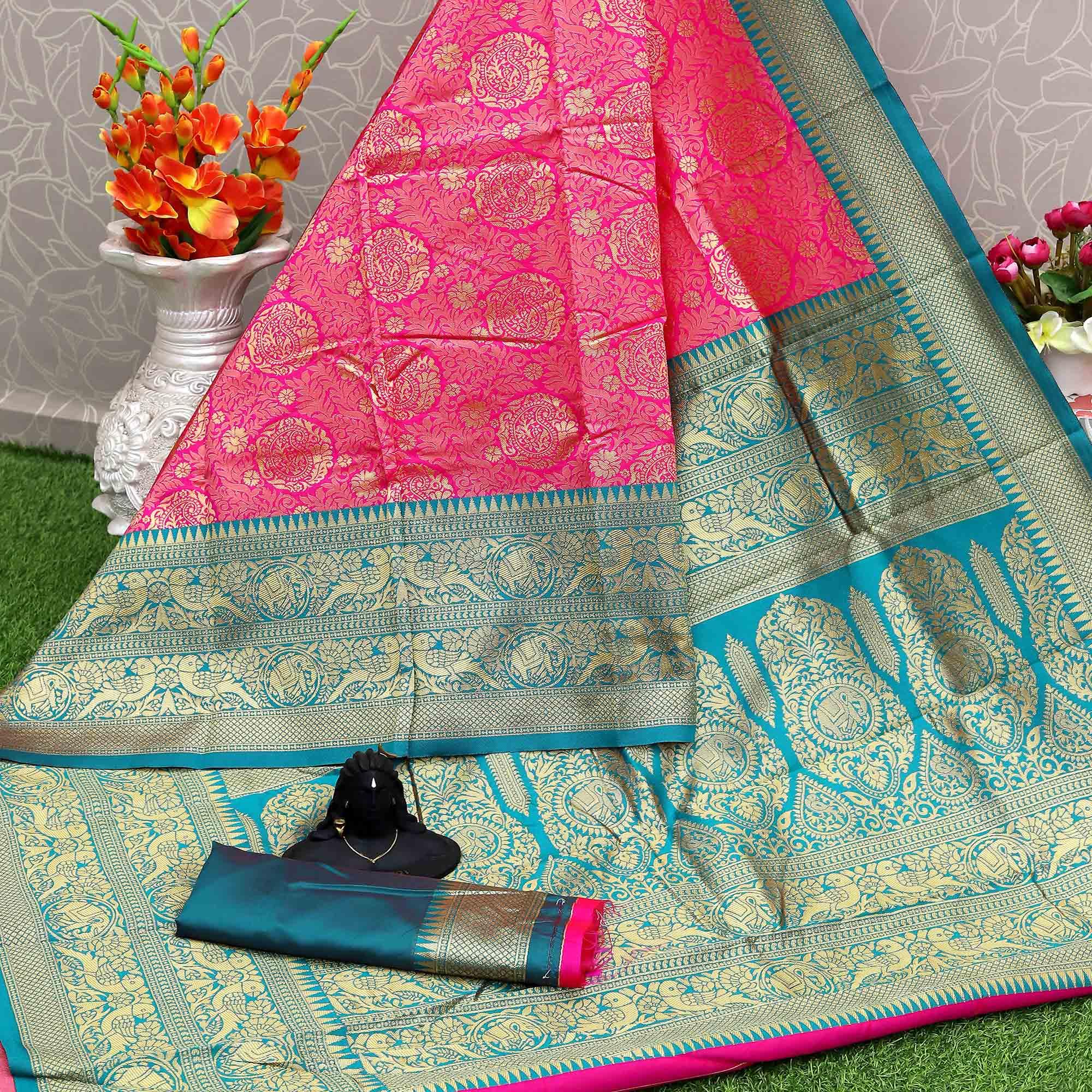 Dark Pink Festive Wear Woven Kota Litchi Banarasi Art Silk Saree - Peachmode